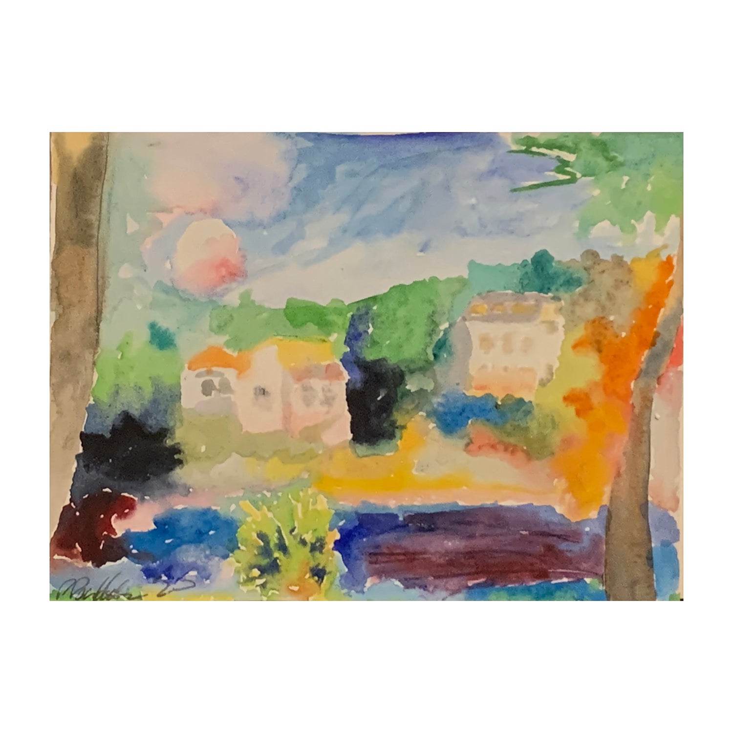 Original Watercolor Painting of a Waterside Townscape, 5.6 x 7.5 inches, by Patty Pendleton