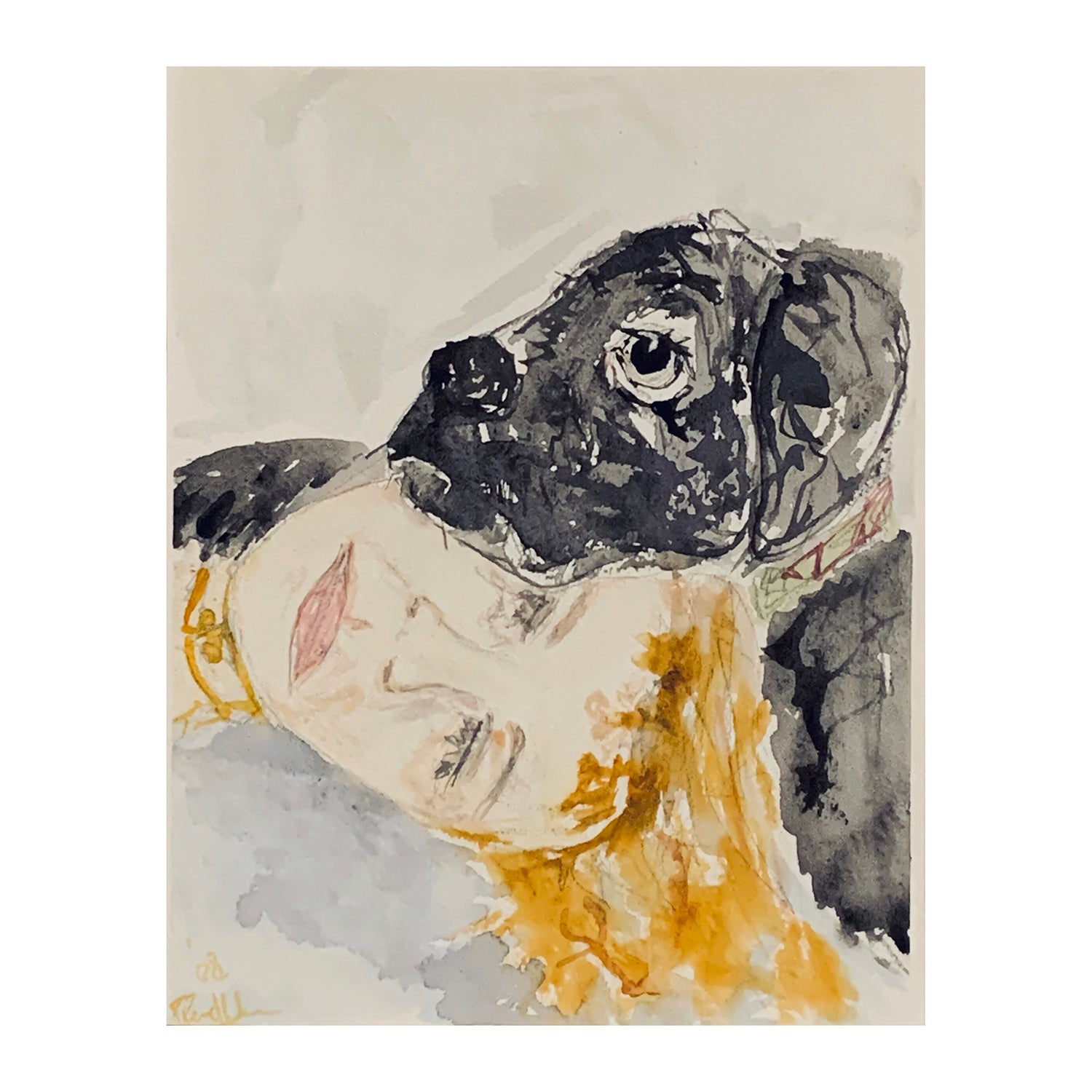 Original Mixed Media Portrait Painting of a Dog & Its Owner, 9.9 x 7.9 inches, by Patty Pendleton