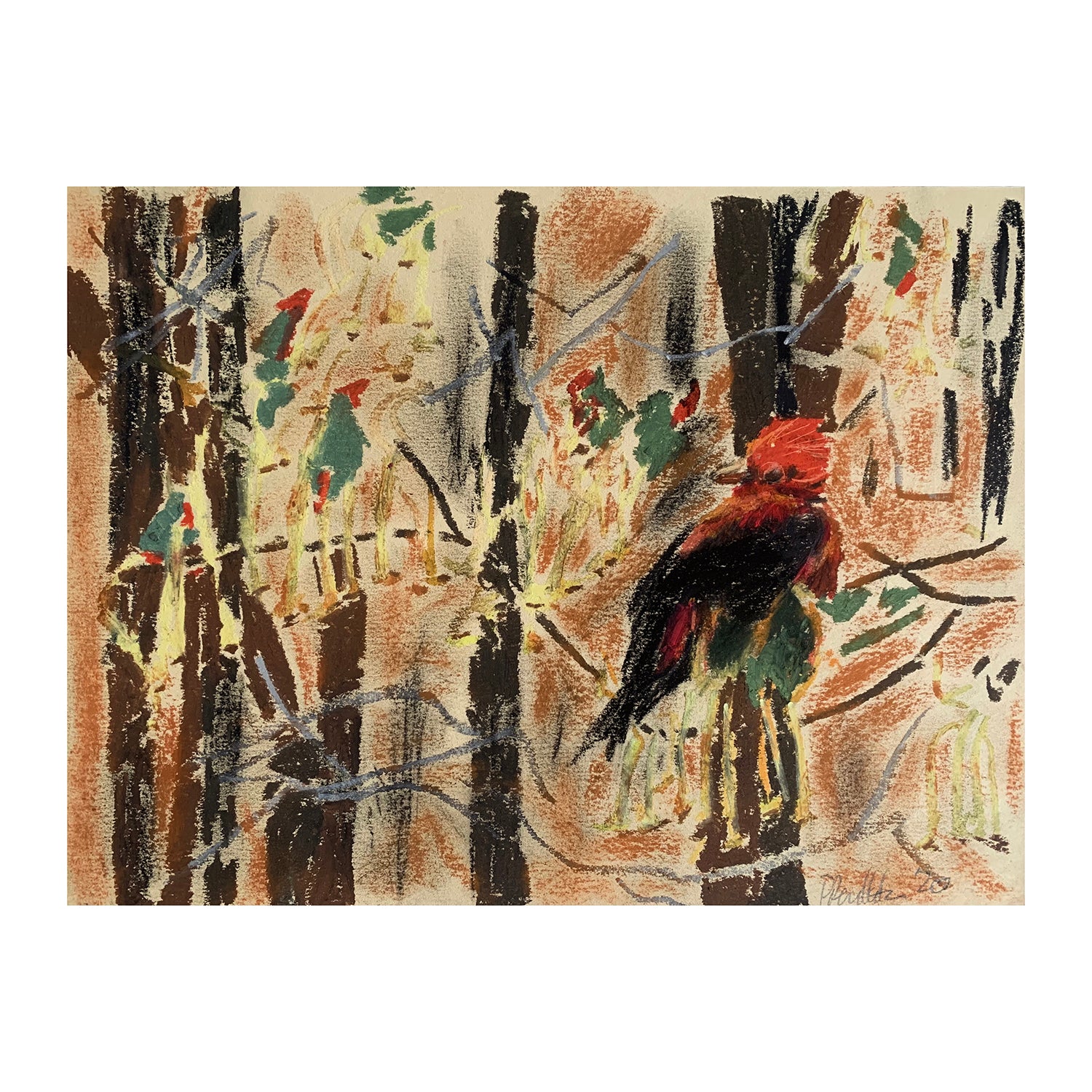 Original Soft Pastel Painting of a Tanager in a Forestscape, 8.9 x 11.9 inches, by Patty Pendleton