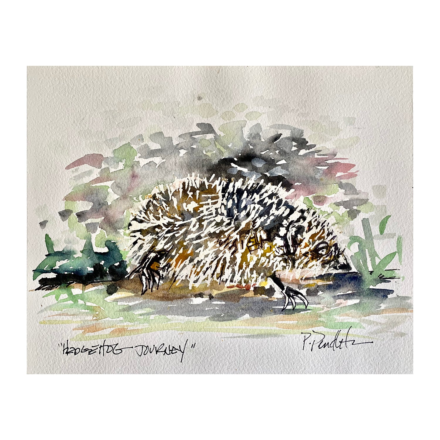 Original Mixed Media Portrait Painting of a Hedgehog, 8 x 10 inches, by Patty Pendleton