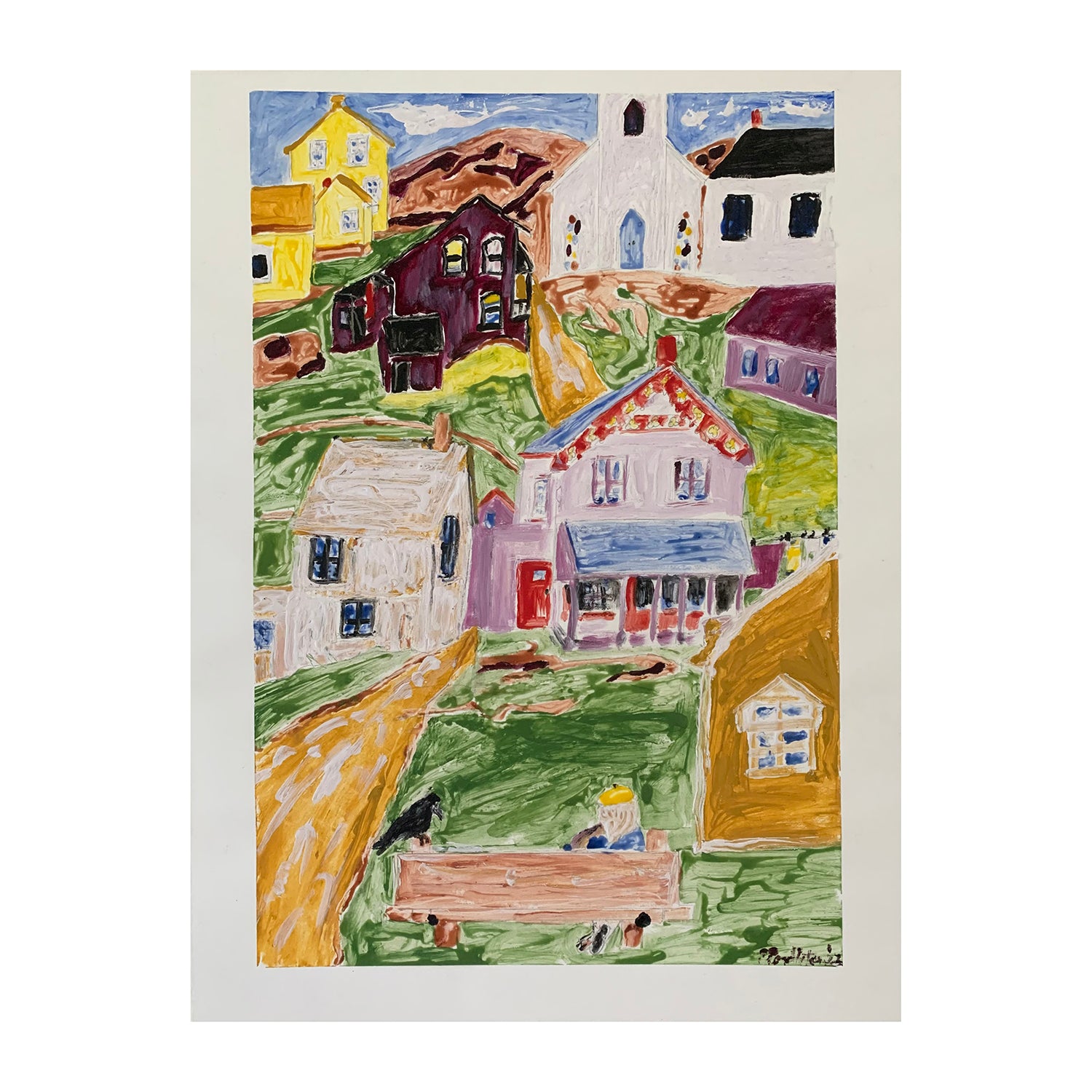 Original Egg Tempera Painting of a Maritime Seaside Townscape, 20 x 15 inches, by Patty Pendleton