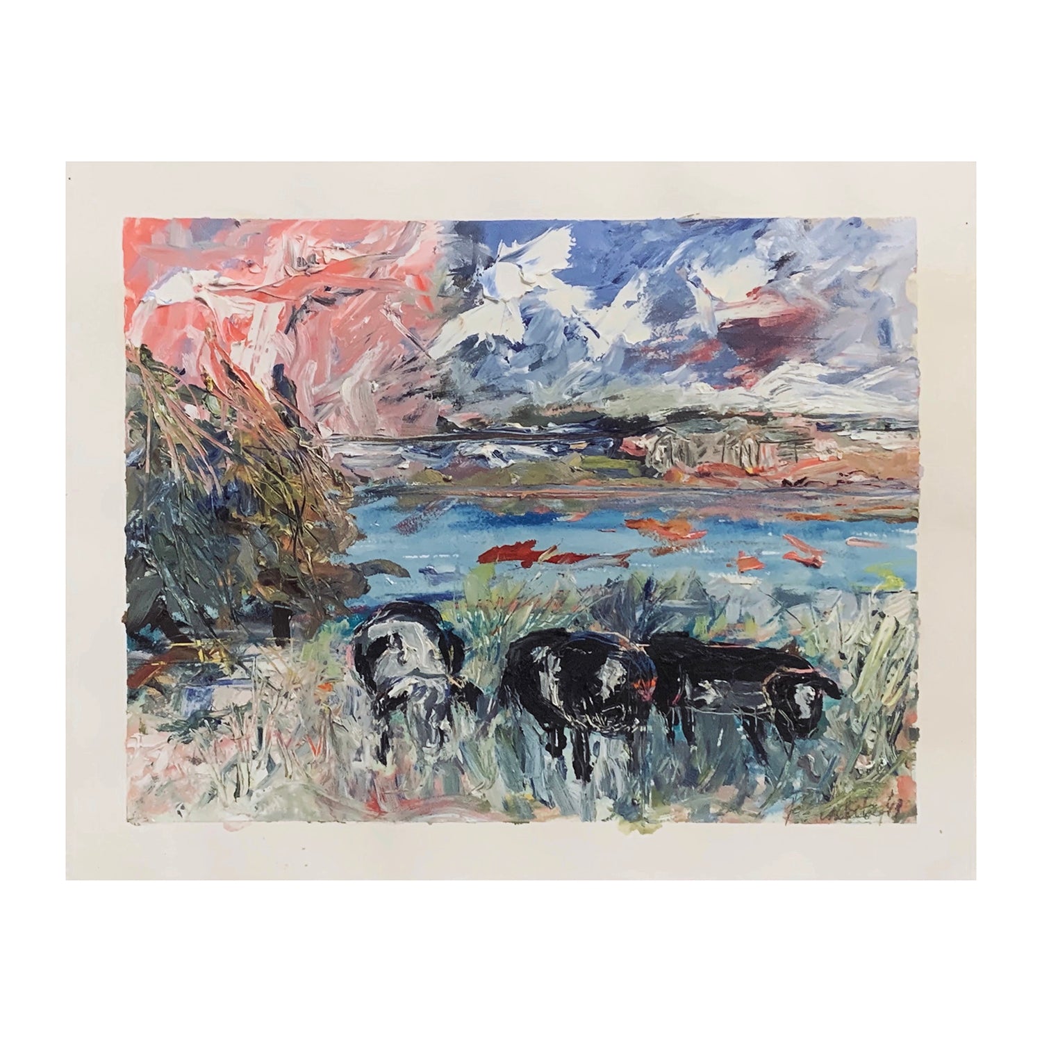 Original Acrylic Painting of Grazing Cows in a Seaside Landscape, 16 x 20 inches, by Patty Pendleton