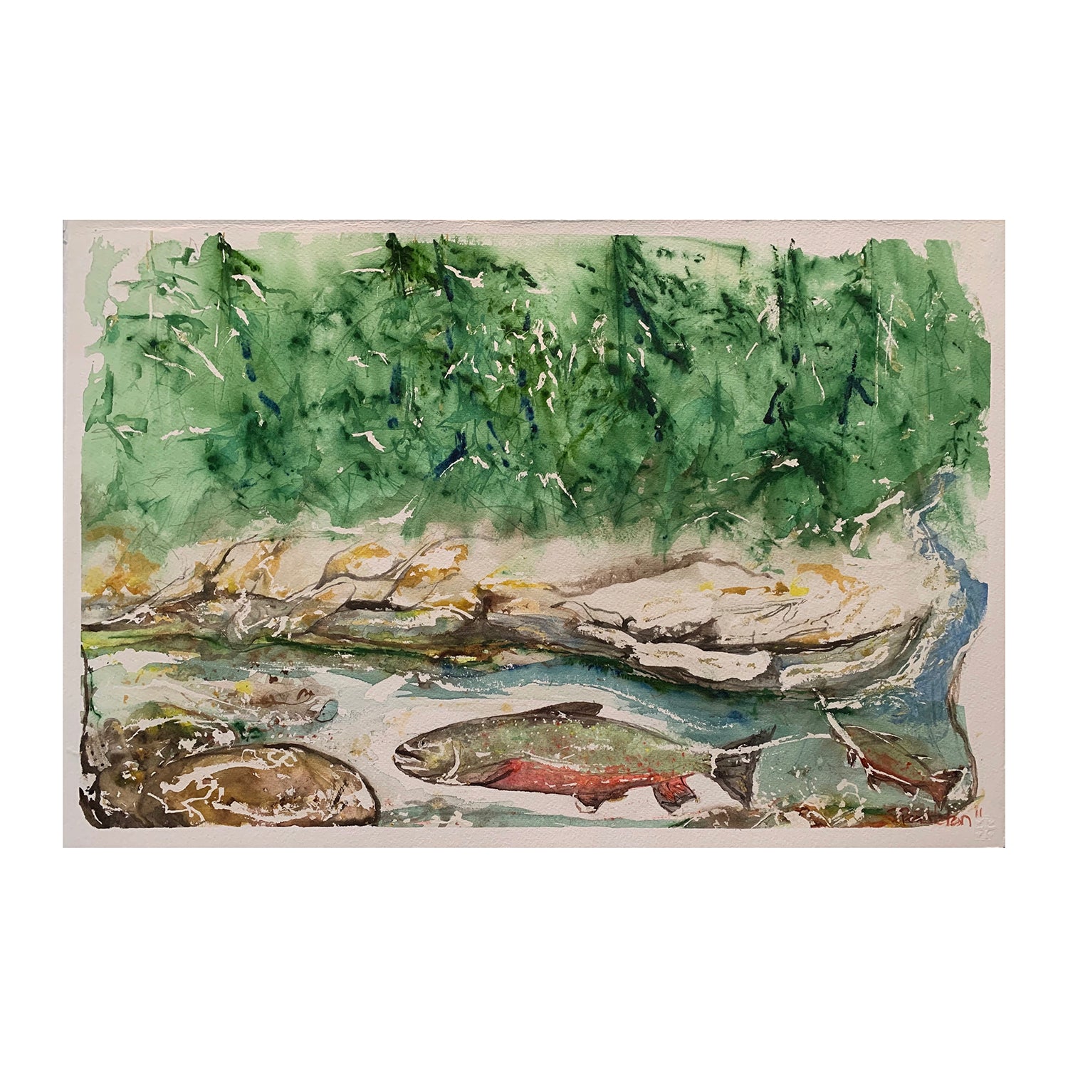 Original Watercolor Painting of Salmon in a River Landscape, 14.9 x 22.25 inches, by Patty Pendleton