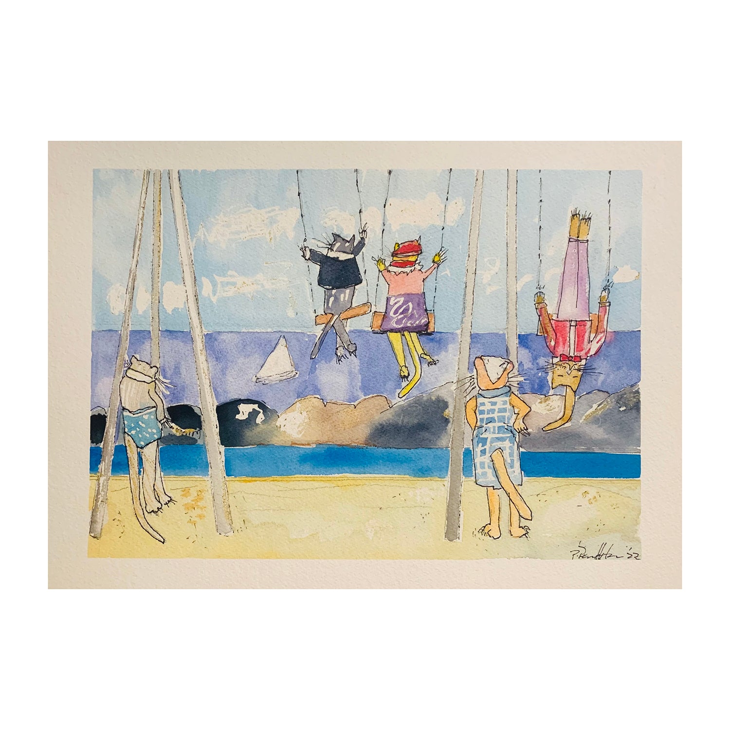 Original Mixed Media Painting of Cats Playing at the Beach, 12.25 x 16.1 inches, by Patty Pendleton