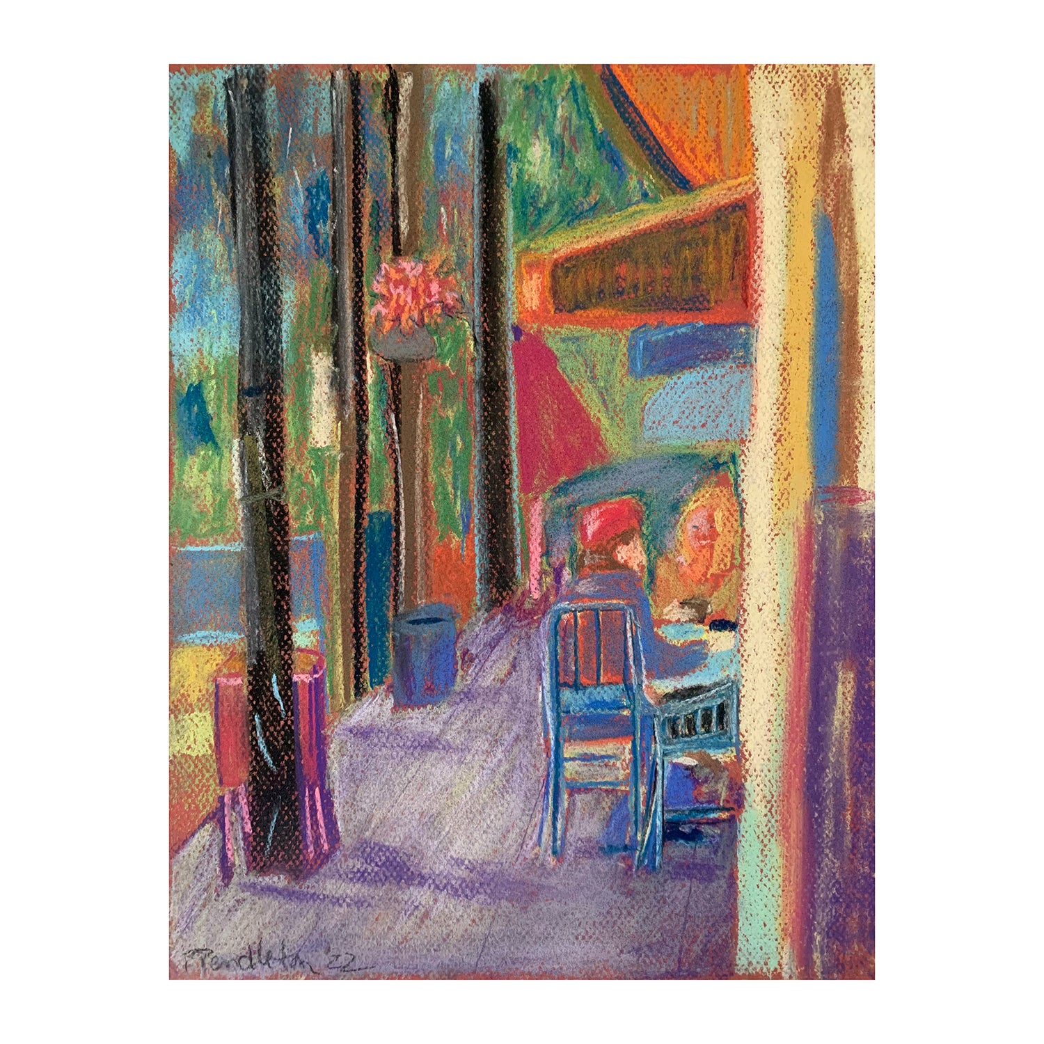 Original Hard Pastel Painting of a Restaurant Lunch Date, 12.75 x 9.9 inches, by Patty Pendleton