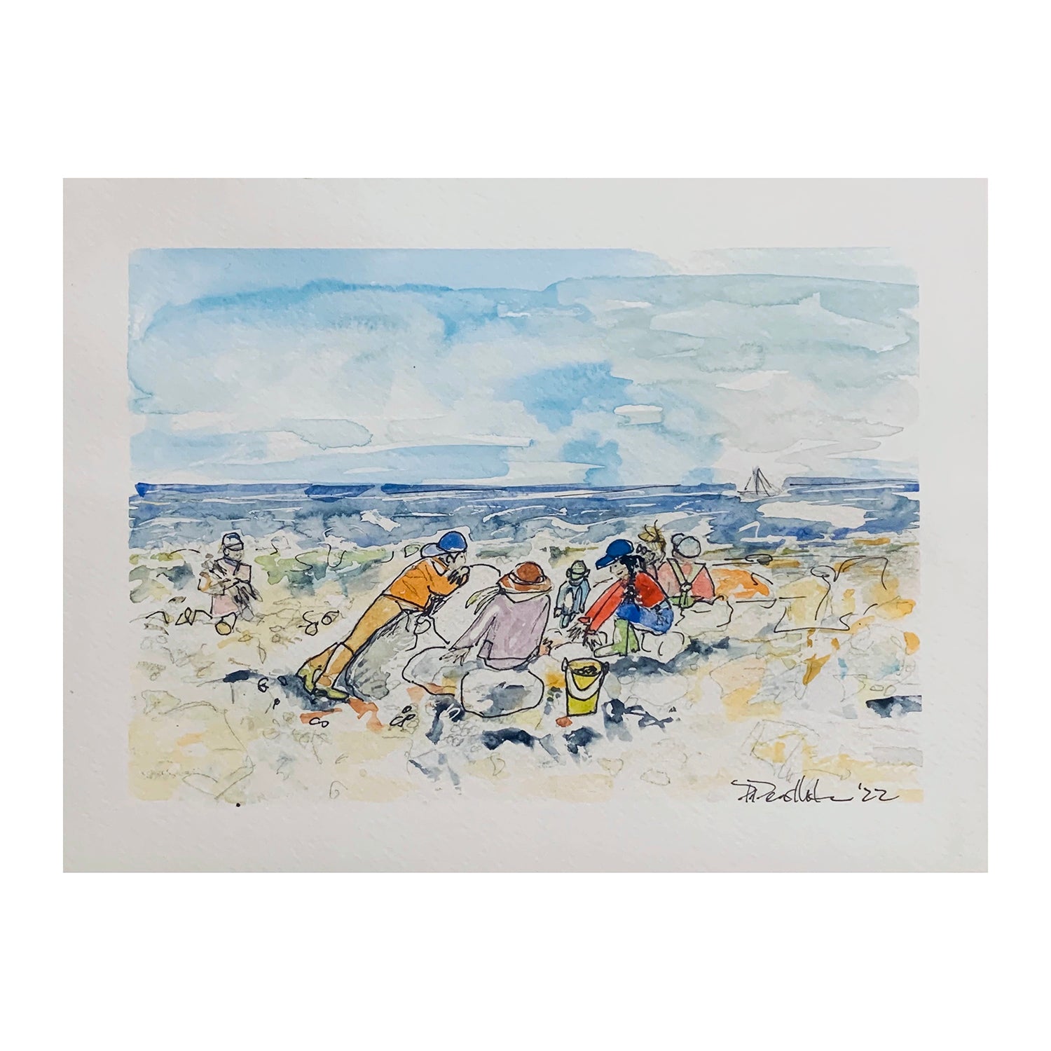Original Mixed Media Painting of a Beach Party, 9 x 12 inches, by Patty Pendleton