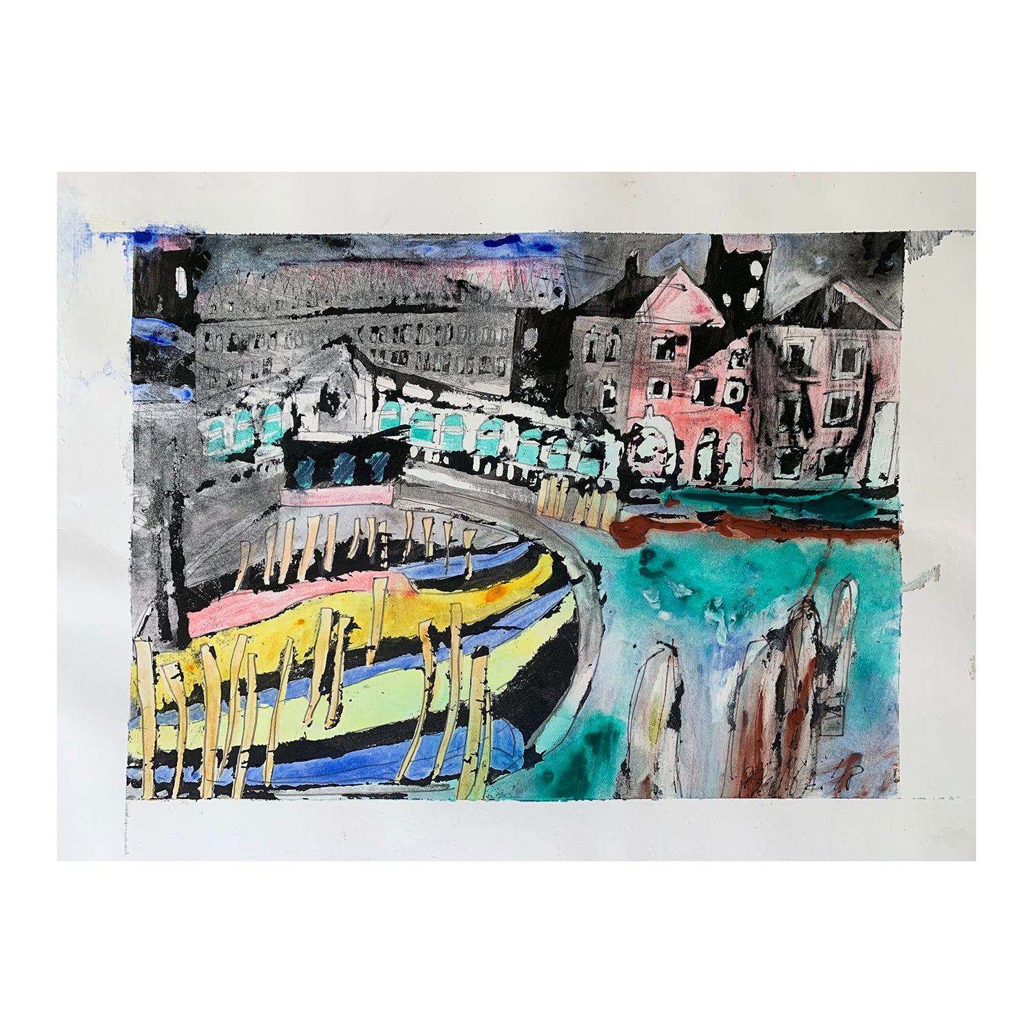 Original Mixed Media Painting of a Nighttime Harbor Cityscape, 11 x 14 inches, by Patty Pendleton