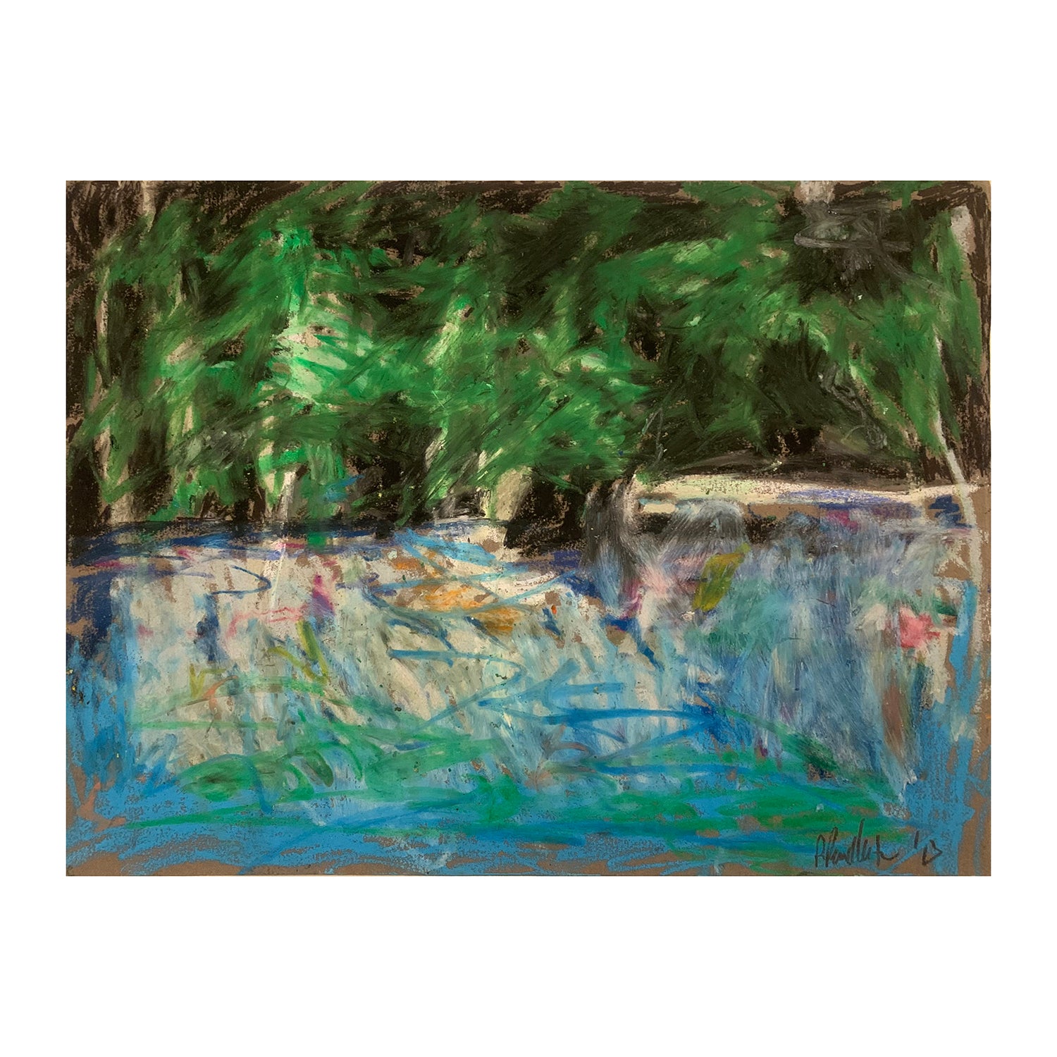 Original Oil Pastel Painting of a Waterside Forest Landscape, 9 x 12 inches, by Patty Pendleton