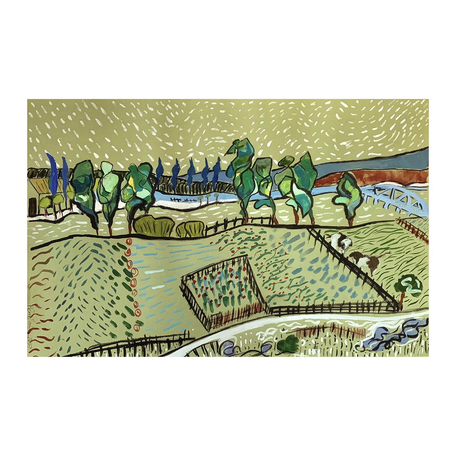 Original Mixed Media Painting of a Country Farm Landscape, 11.75 x 19.75 inches, by Patty Pendleton