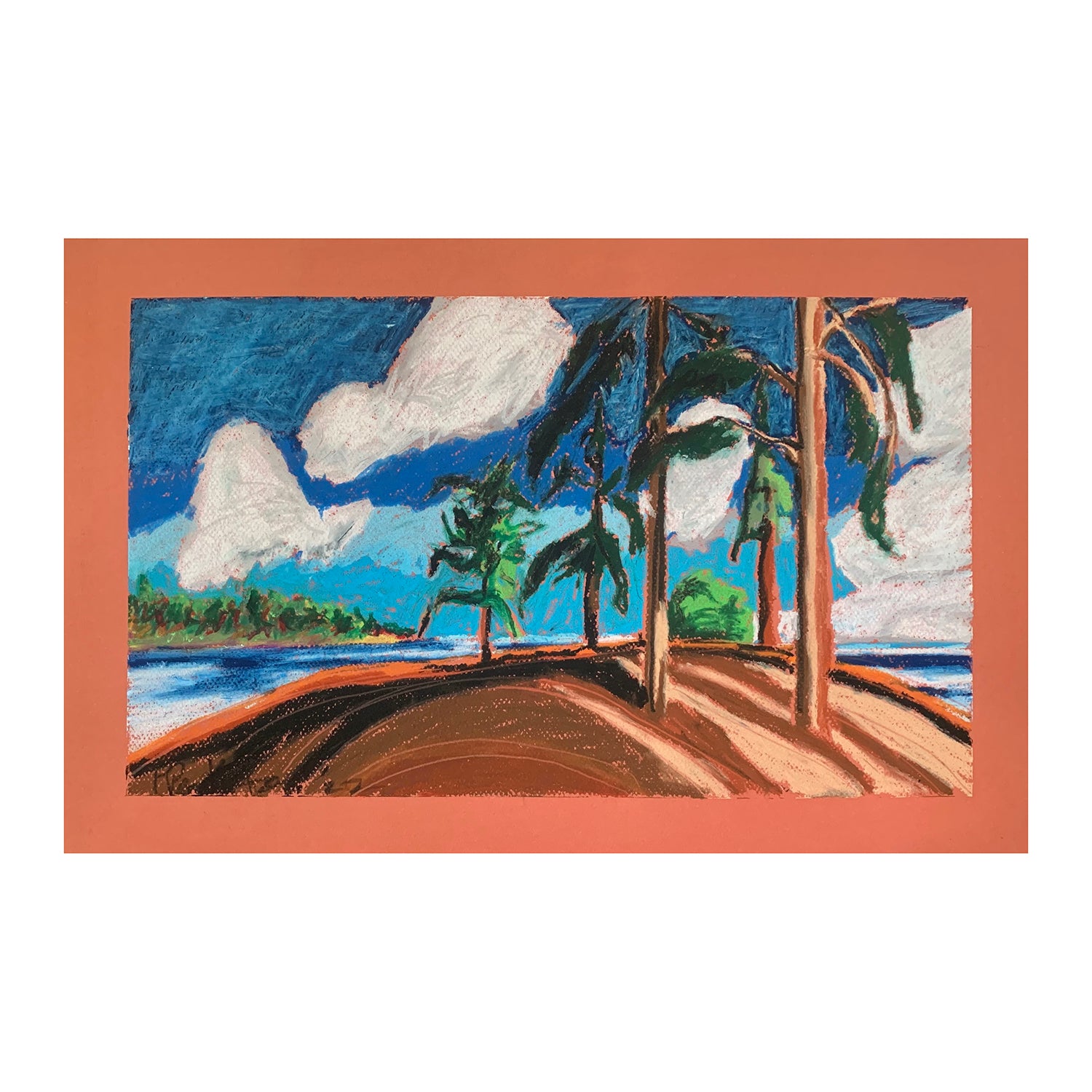 Original Oil Pastel Painting of an Oceanside Forest Landscape, 12.75 x 19.75 inches, by Patty Pendleton