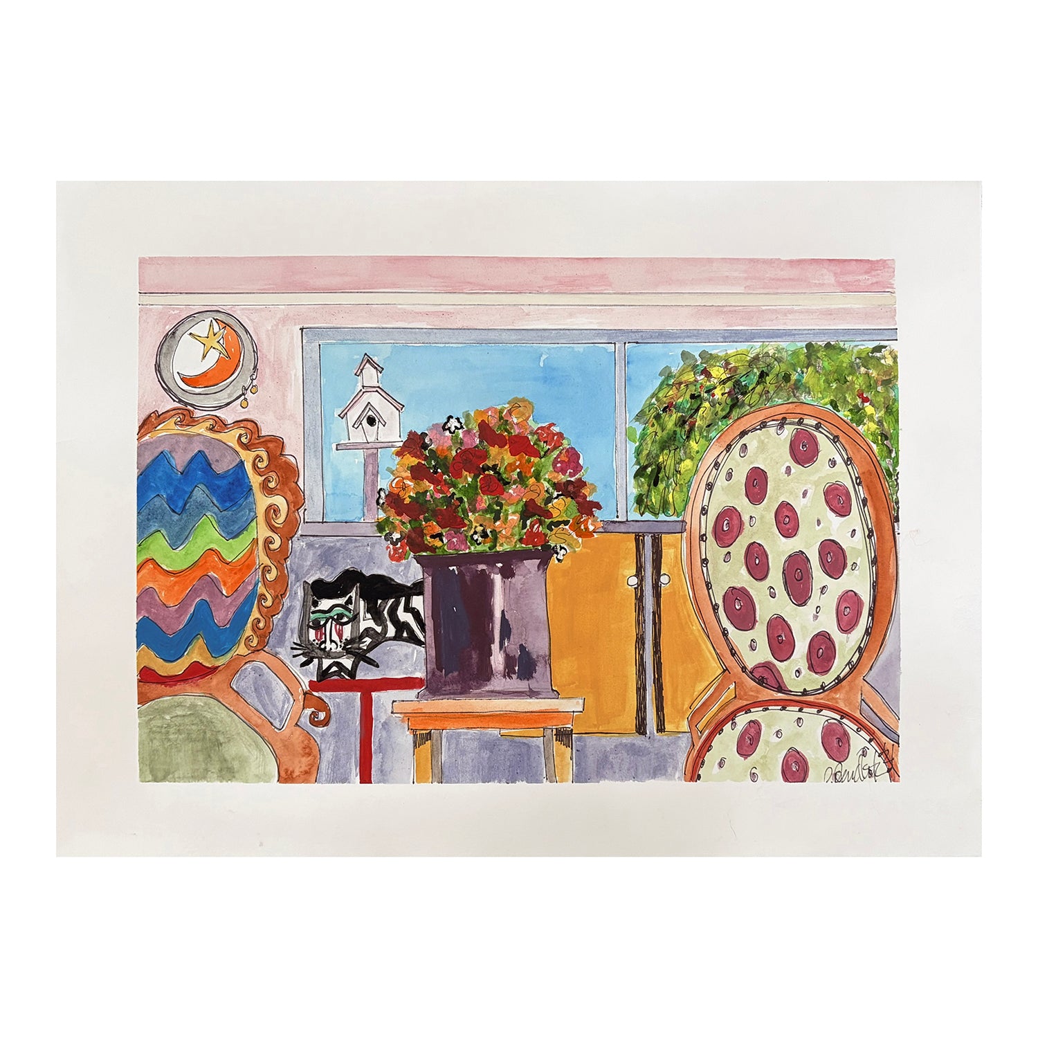Original Gouache Painting of a Room Interior with Still Life and Cat, 11.5 x 15 inches, by Patty Pendleton