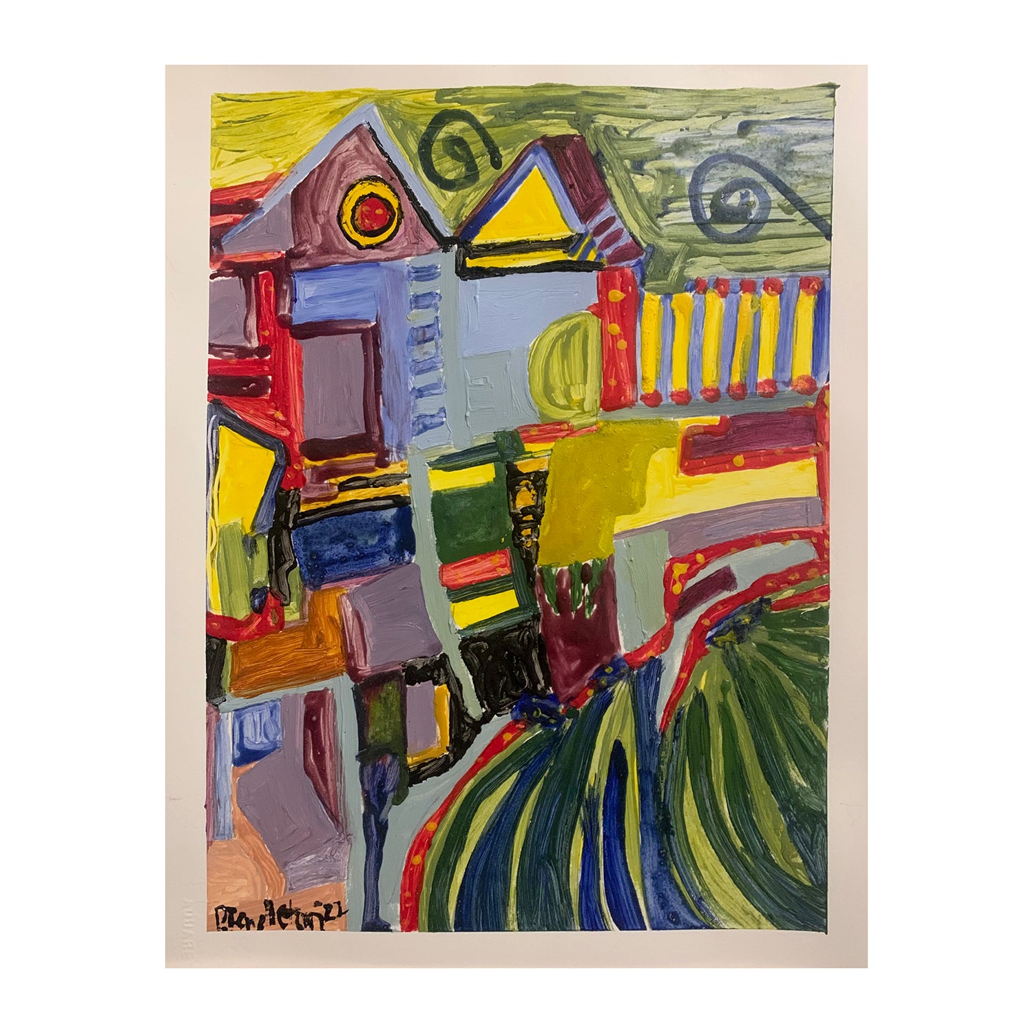 Original Egg Tempera Abstract Painting of a Townscape, 15.1 x 11 inches, by Patty Pendleton