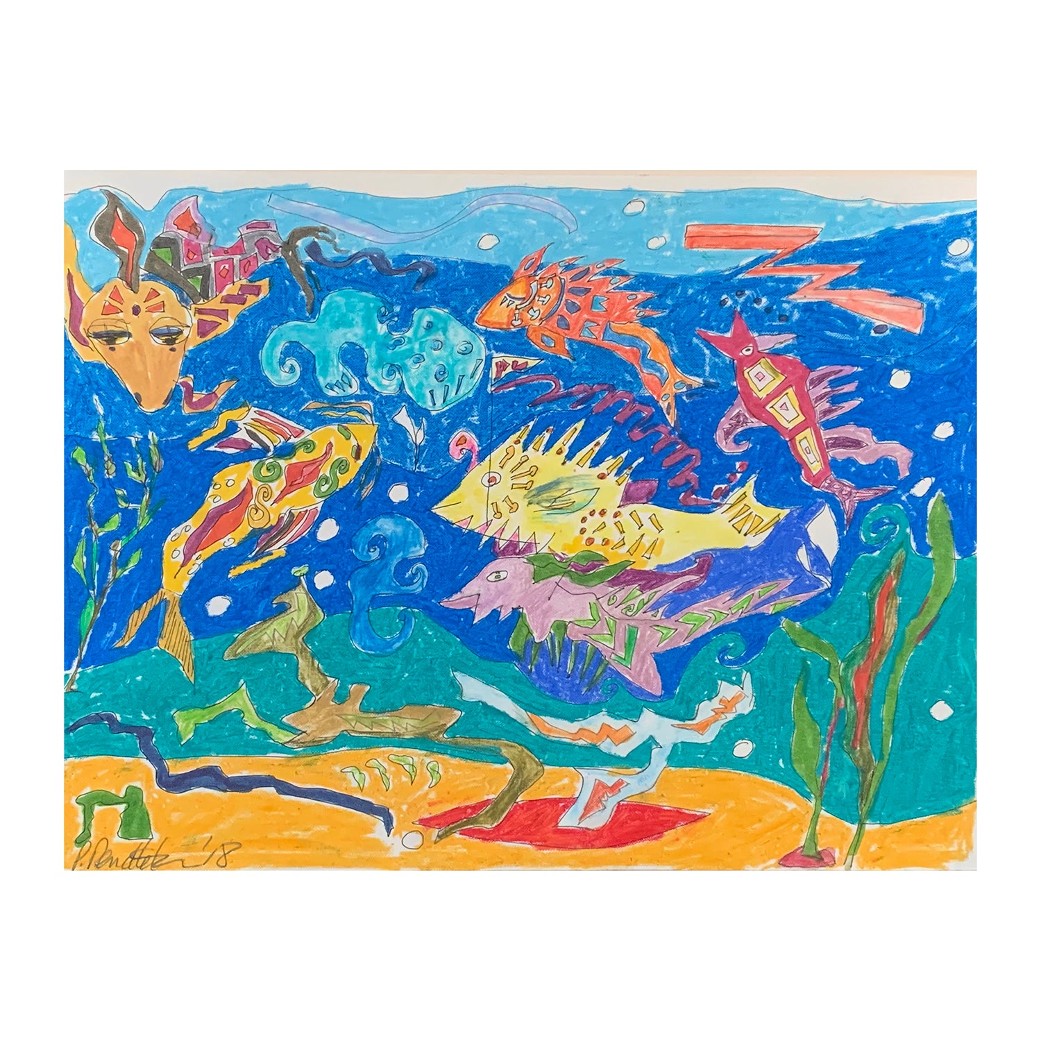 Original Mixed Media Painting of an Underwater Fish Seascape, 12 x 15.9 inches, by Patty Pendleton