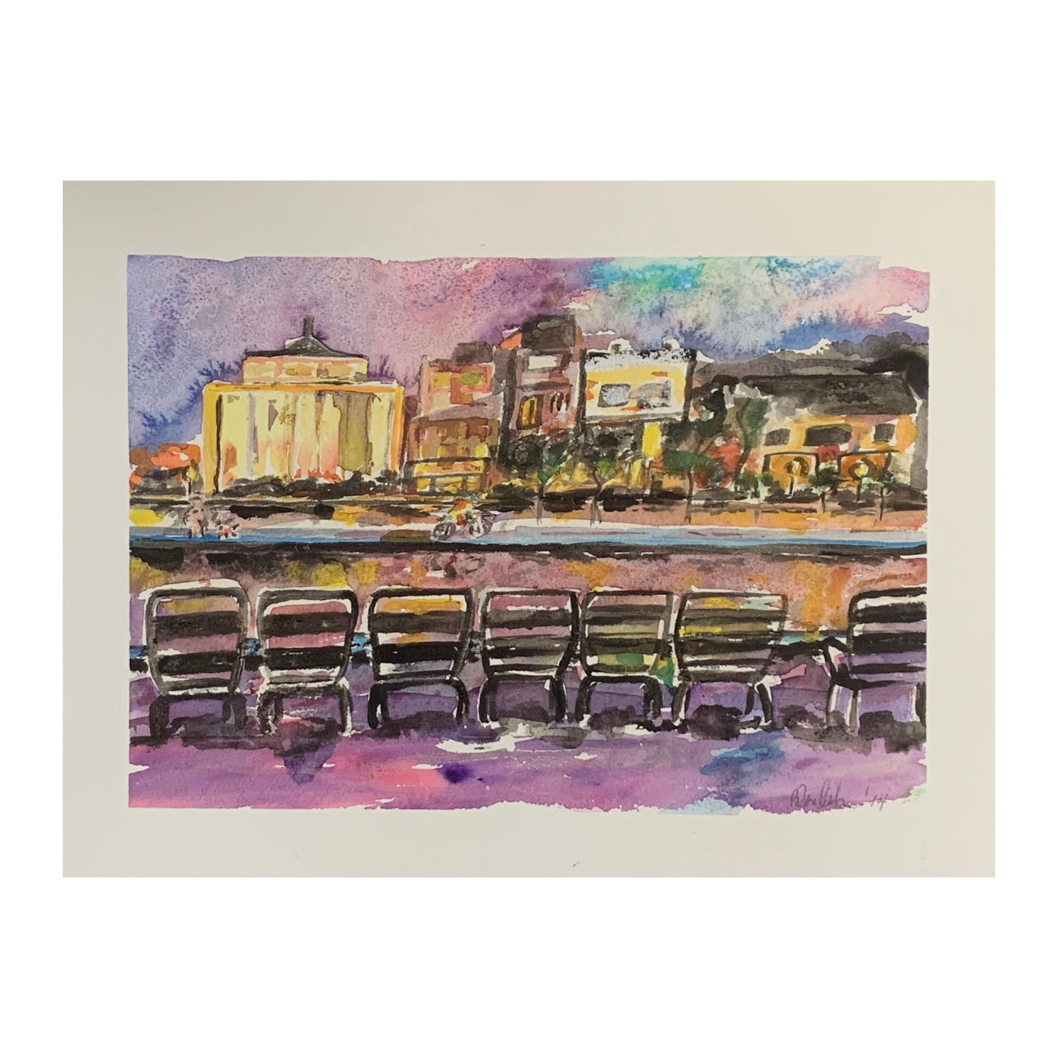 Original Watercolor Painting of an Evening Cityscape, 11.5 x 15 inches, by Patty Pendleton