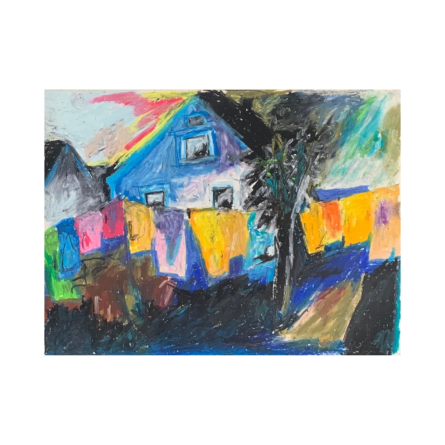 Original Oil Pastel Painting of a House with Drying Laundry Portrait, 8.9 x 12 inches, by Patty Pendleton