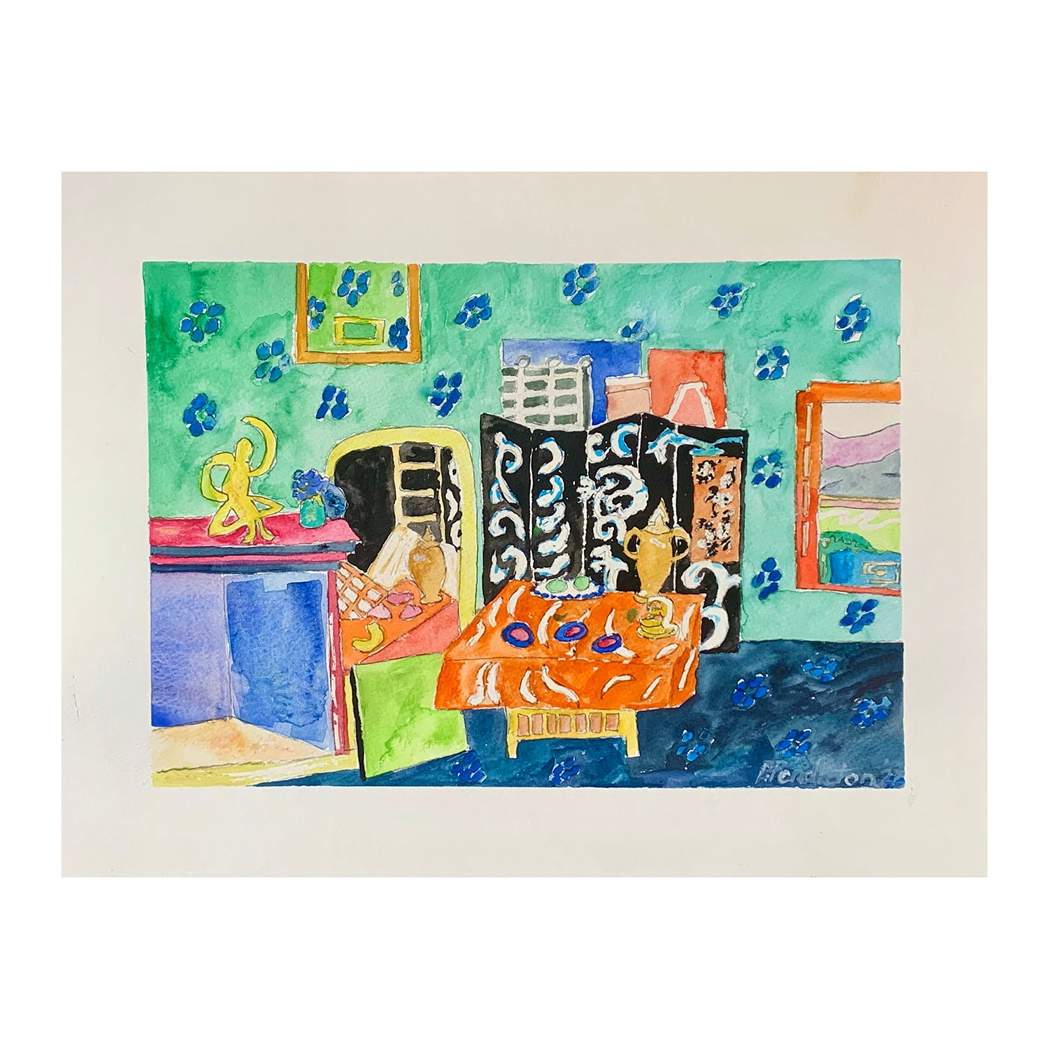 Original Mixed Media Painting of a Room Interior Still Life, 11 x 14.5 inches, by Patty Pendleton
