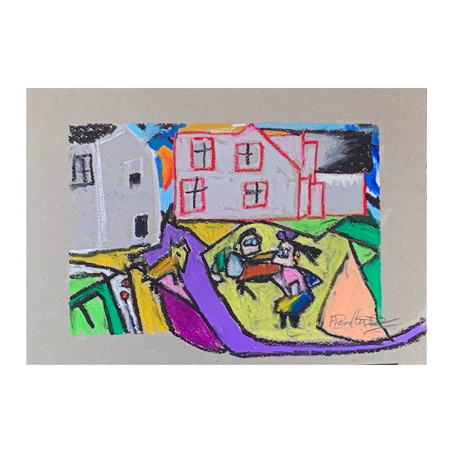 Original Oil Pastel Painting of Children Playing in a Neighborhood, 10 x 12 inches, by Patty Pendleton