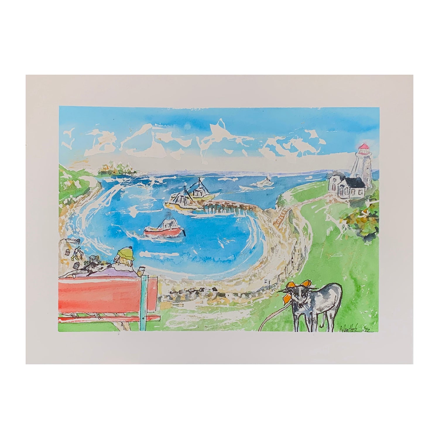Original Mixed Media Painting of a Harbor Village Landscape, 12.25 x 16.1 inches, by Patty Pendleton