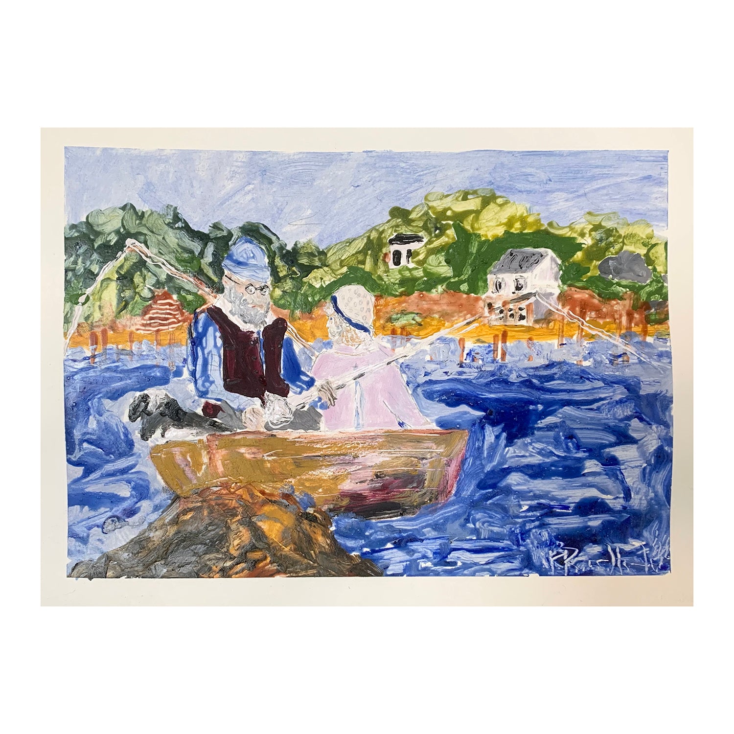 Original Egg Tempera Portrait Painting of a Couple Fishing in a Harbor Townscape, 11 x 14.75 inches, by Patty Pendleton