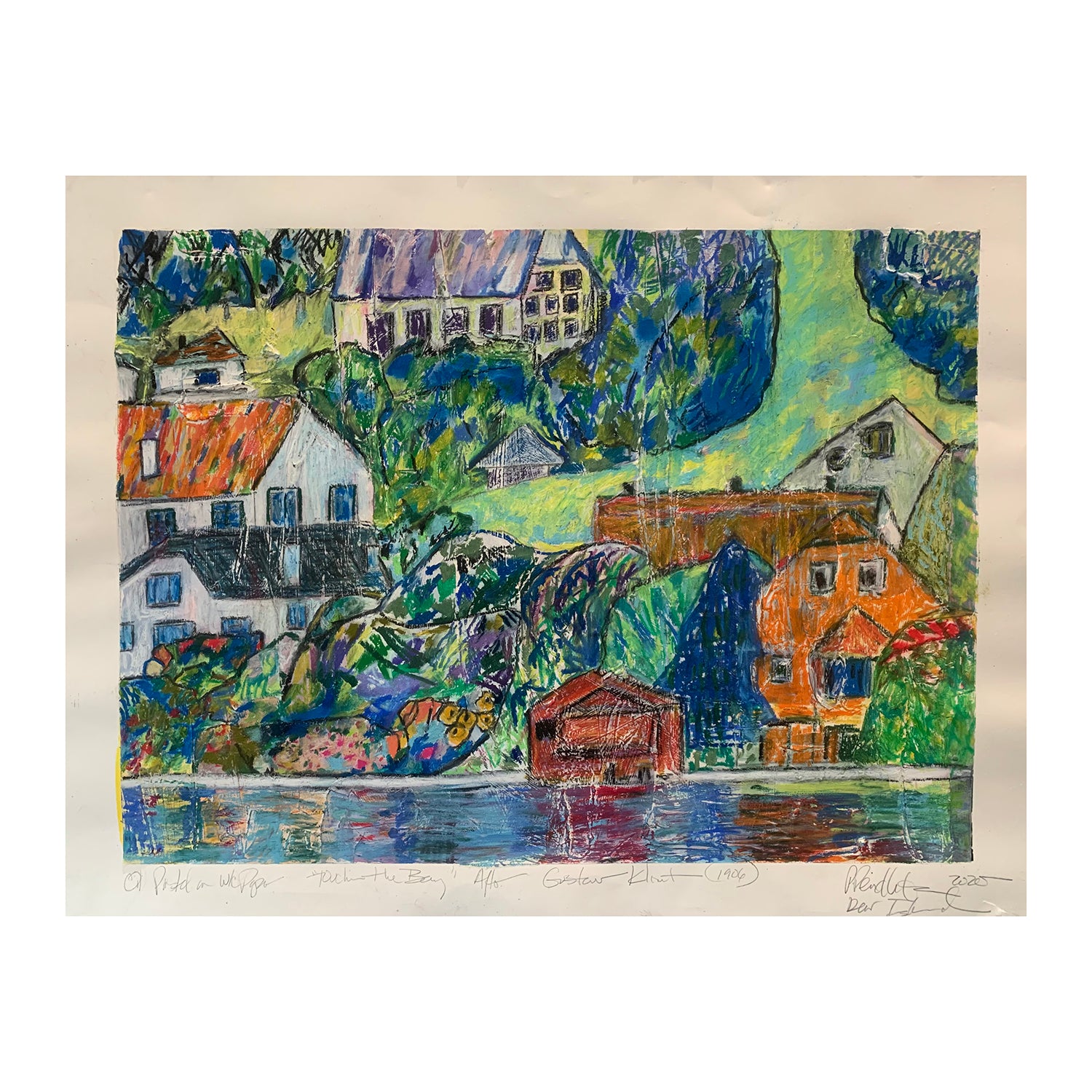 Original Oil Pastel Painting of a Bayside Village Landscape, 22.5 x 30 inches, by Patty Pendleton