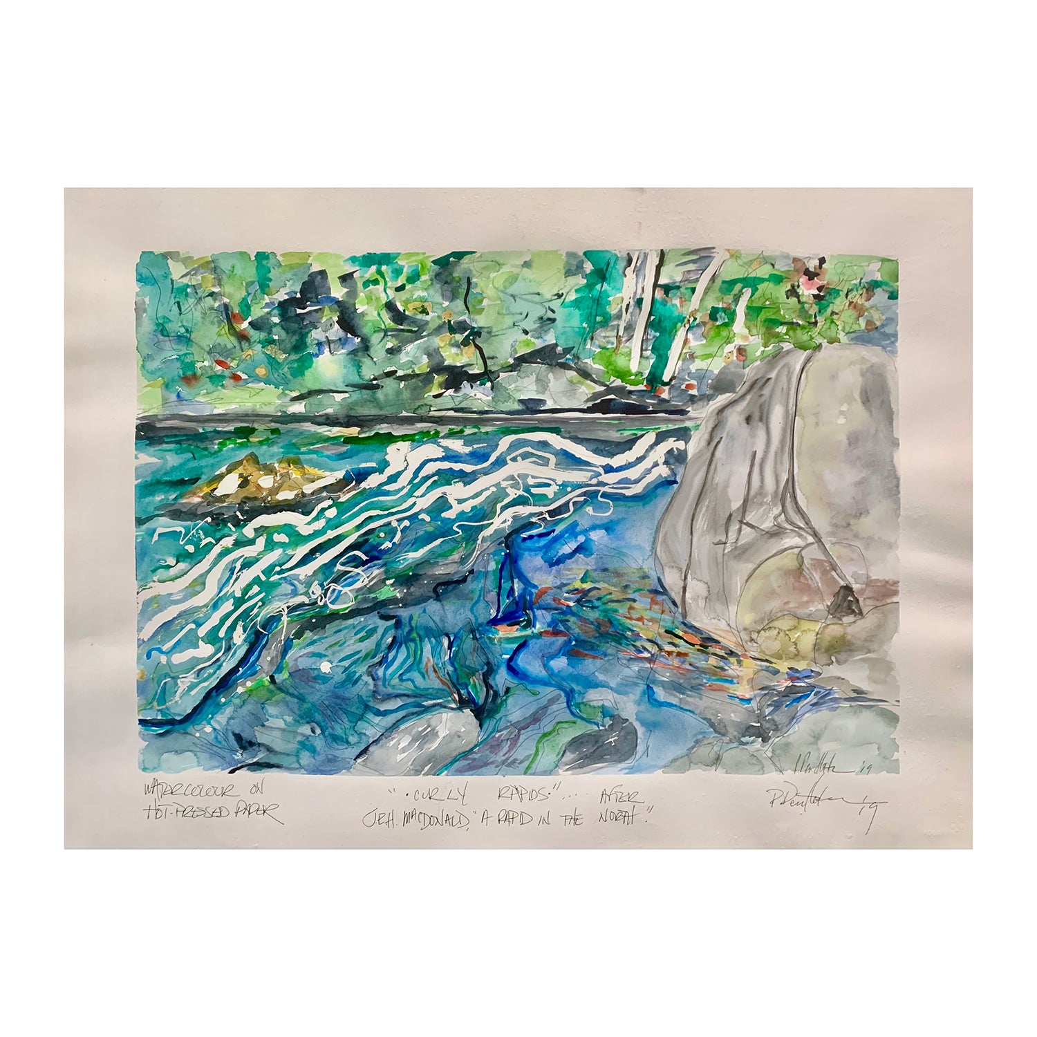 Original Watercolor Painting of Rapids in a River Landscape, 22.5 x 30 inches, by Patty Pendleton