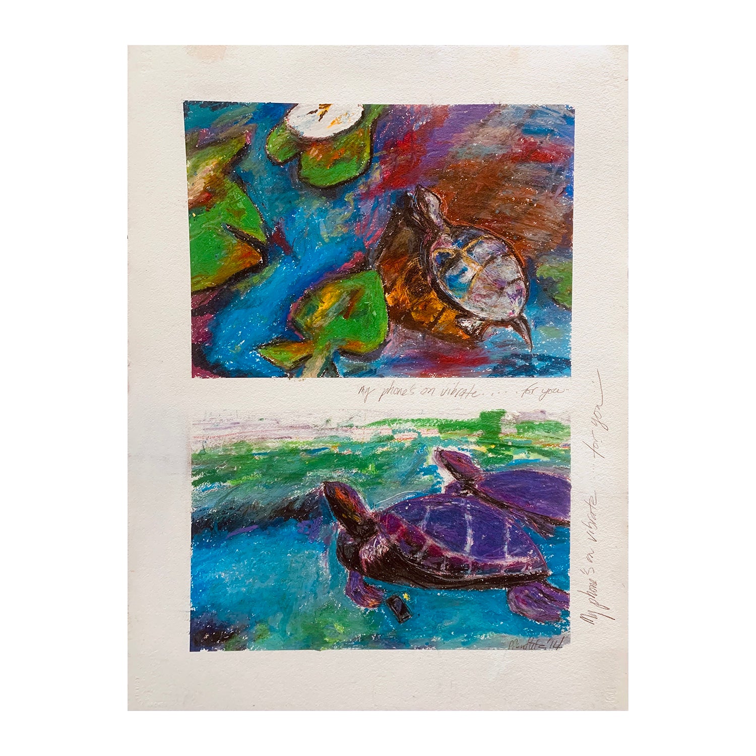 Original Diptych Oil Pastel Painting of Turtles in a Water Landscape, 30 x 22.5 inches, by Patty Pendleton