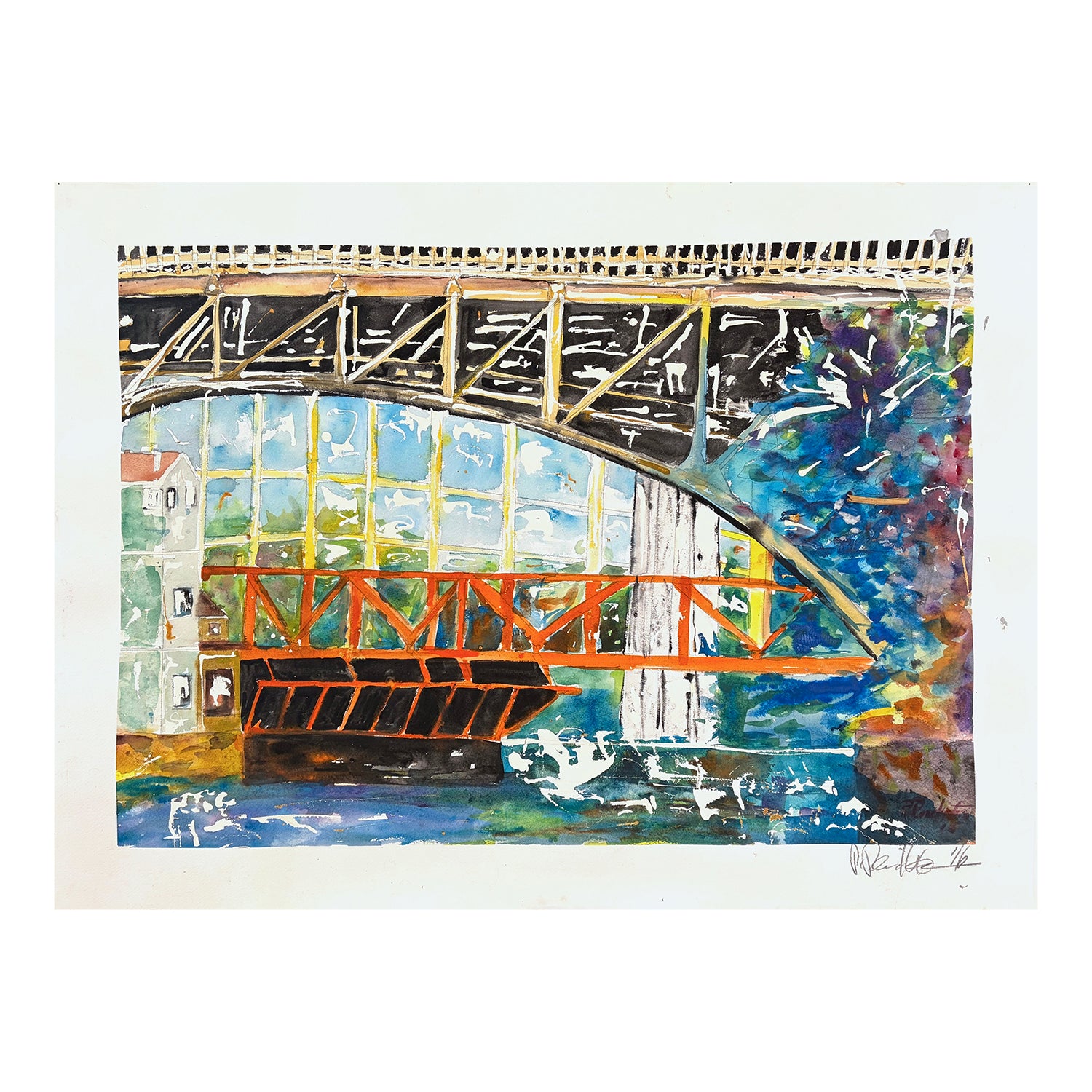 Original Mixed Media Painting of Bridges in a Cityscape, 22.5 x 30 inches, by Patty Pendleton