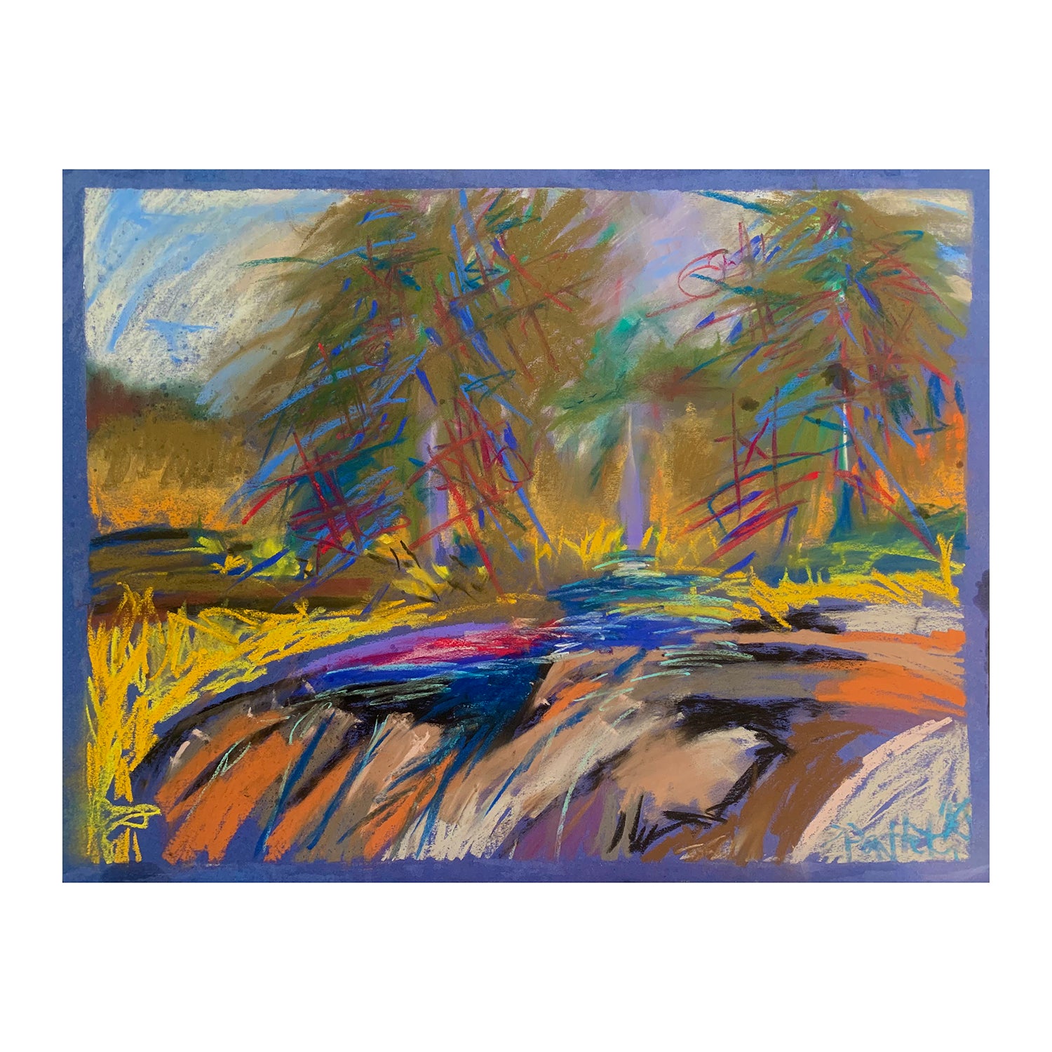 Original Soft Pastel Painting of a Riverside Forest Landscape, 19.75 x 25.5 inches, by Patty Pendleton