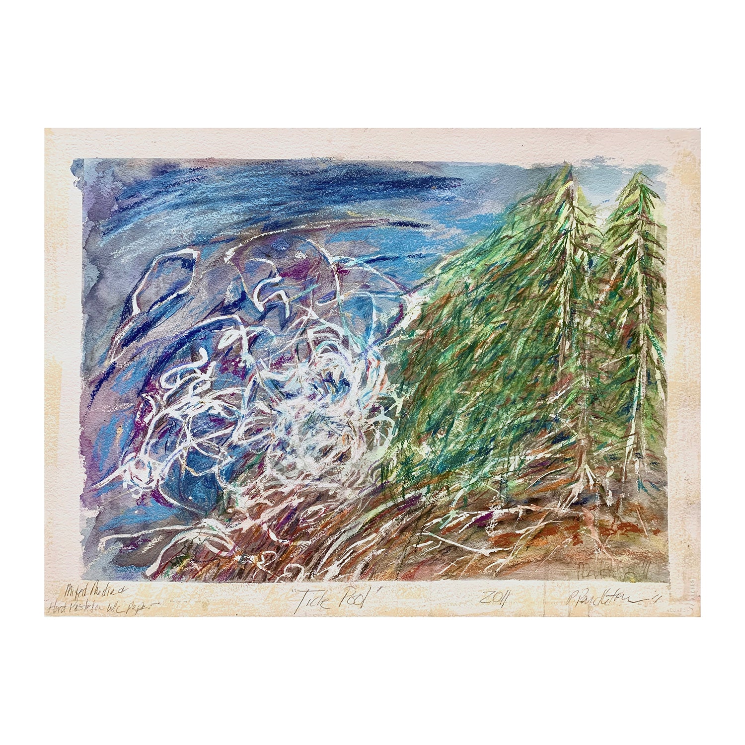 Original Mixed Media Painting of an Oceanside Forest Landscape, 20.5 x 30.5 inches, by Patty Pendleton