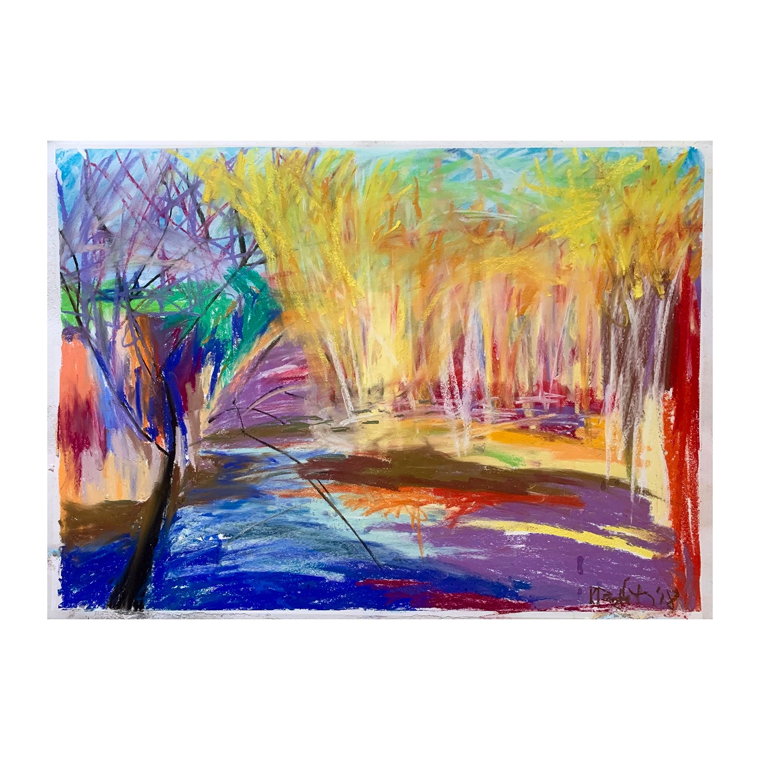 Original Soft Pastel Painting of a Forested River Landscape, 22 x 30 inches, by Patty Pendleton