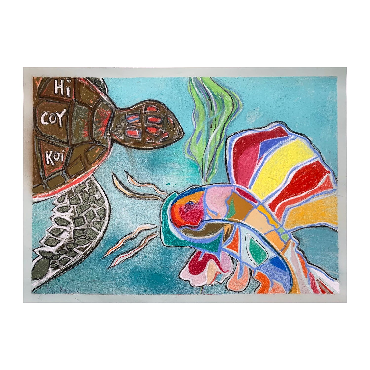 Original Soft Pastel Portrait Painting of a Sea Turtle and a Fish, 22 x 28.75 inches, by Patty Pendleton
