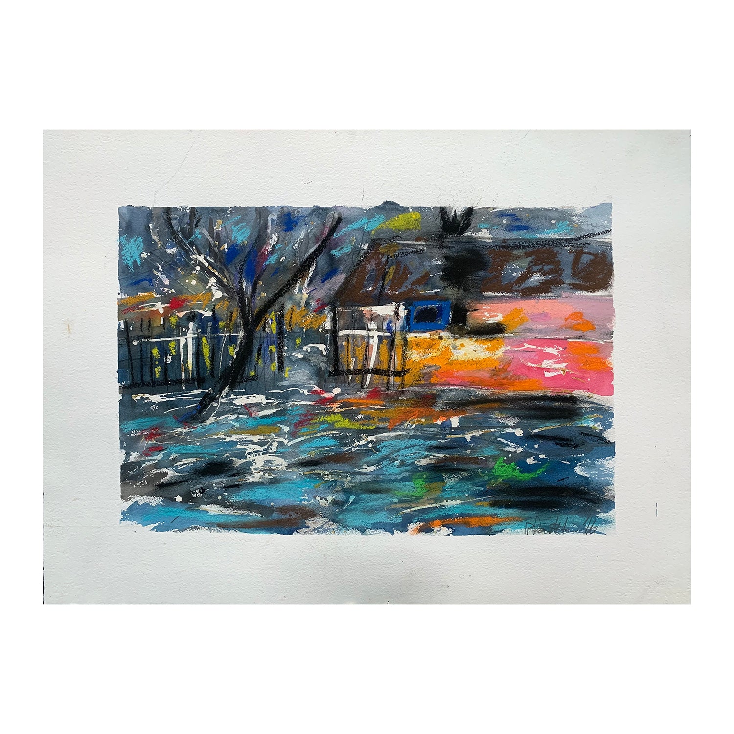 Original Watercolor Painting of an Evening Coveside Village Landscape, 22.5 x 30.5 inches, by Patty Pendleton
