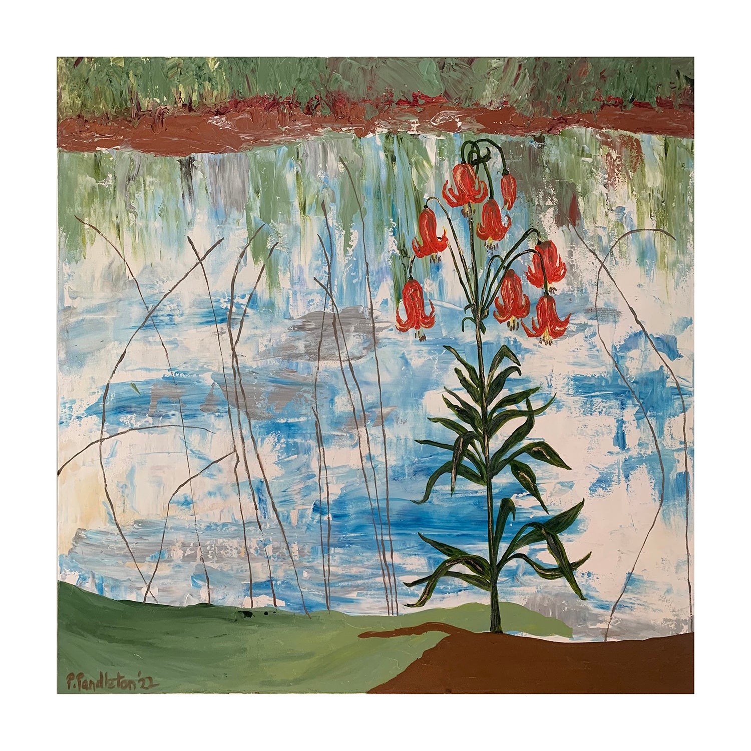 Original Acrylic Painting of a Pond Landscape, 36 x 36 inches, by Patty Pendleton