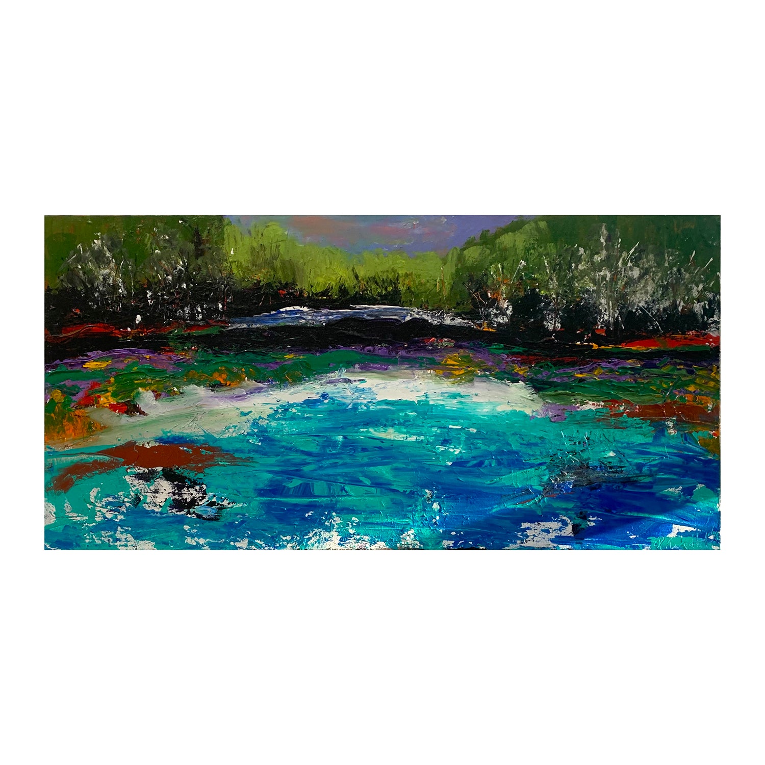Original Acrylic Painting of a Forested Water Landscape, 18 x 36 inches, by Patty Pendleton