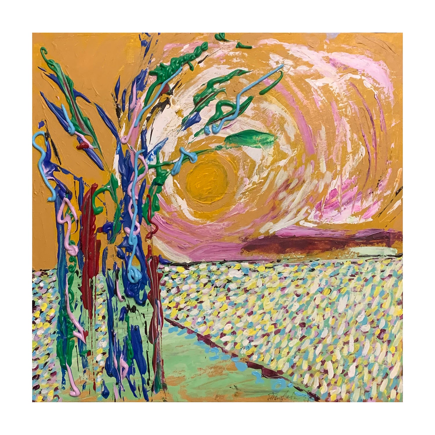 Original Acrylic Painting of a Countryside Landscape, 18.1 x 18.1 inches, by Patty Pendleton