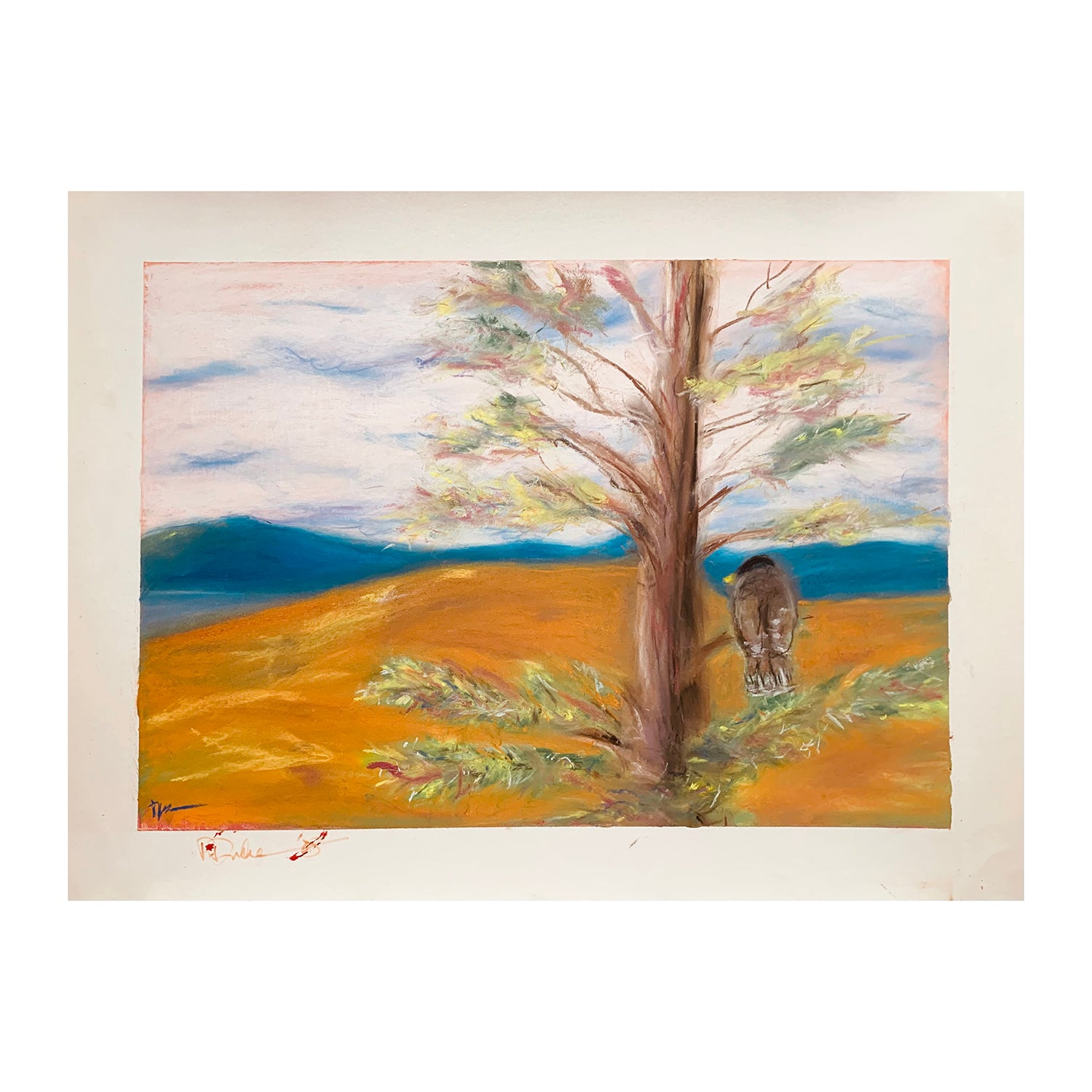 Original Pastel Painting of a Bird Perched in a Landscape, 18 x 24 inches, by Patty Pendleton