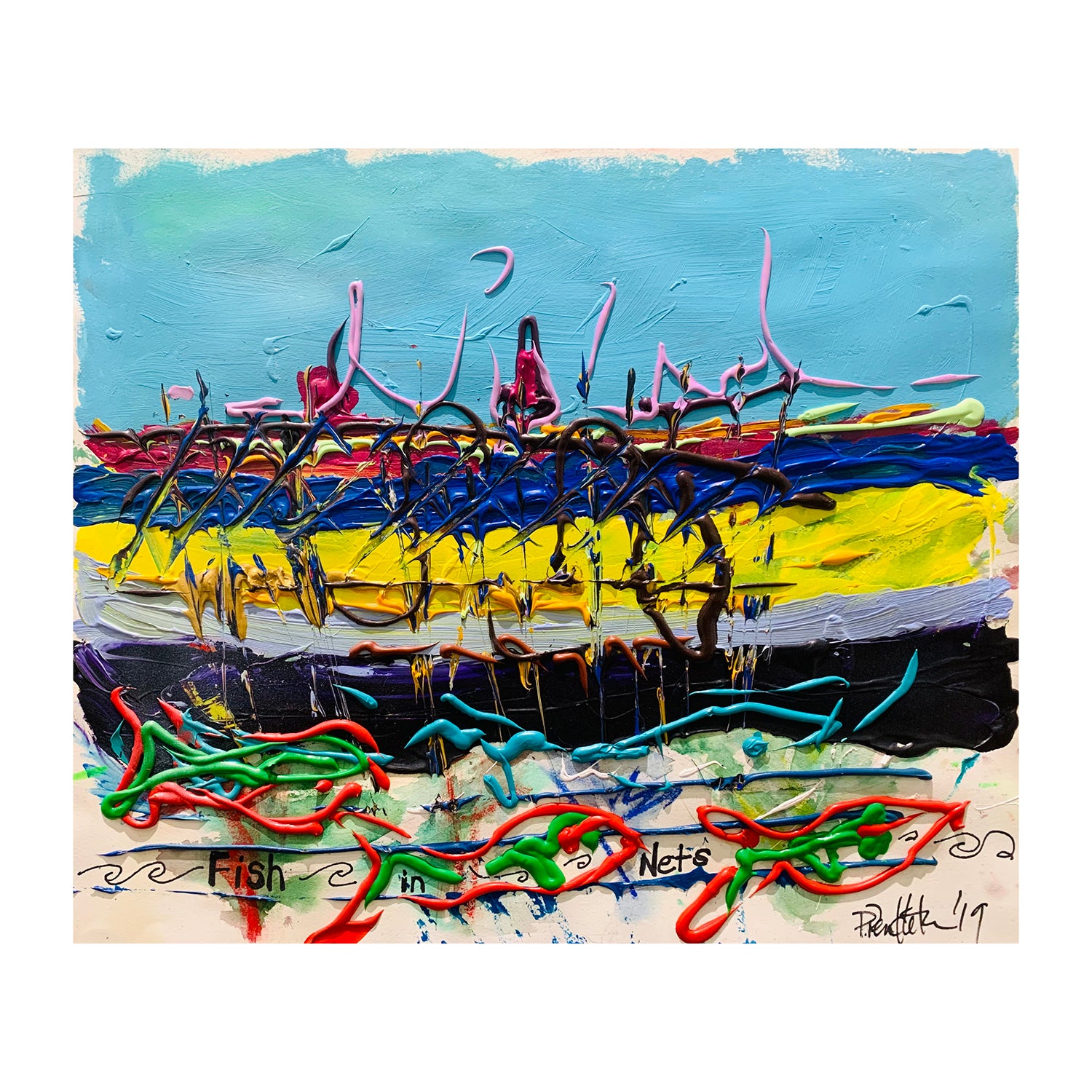 Original Acrylic Painting of Catching Fish at Sea, 16.5 x 20.5 inches, by Patty Pendleton