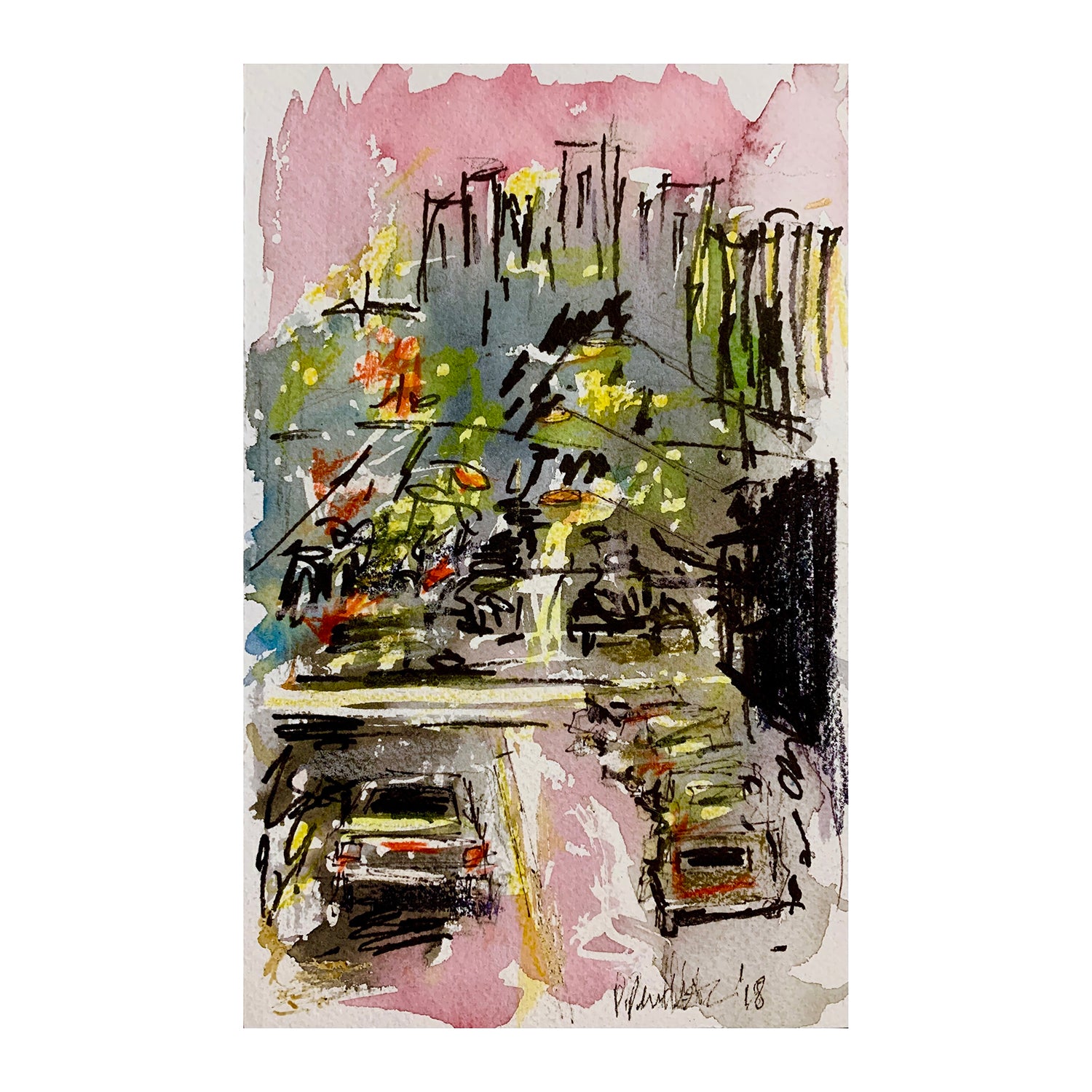 Original Mixed Media Painting of a Cityscape, 8.1 x 5 inches, by Patty Pendleton