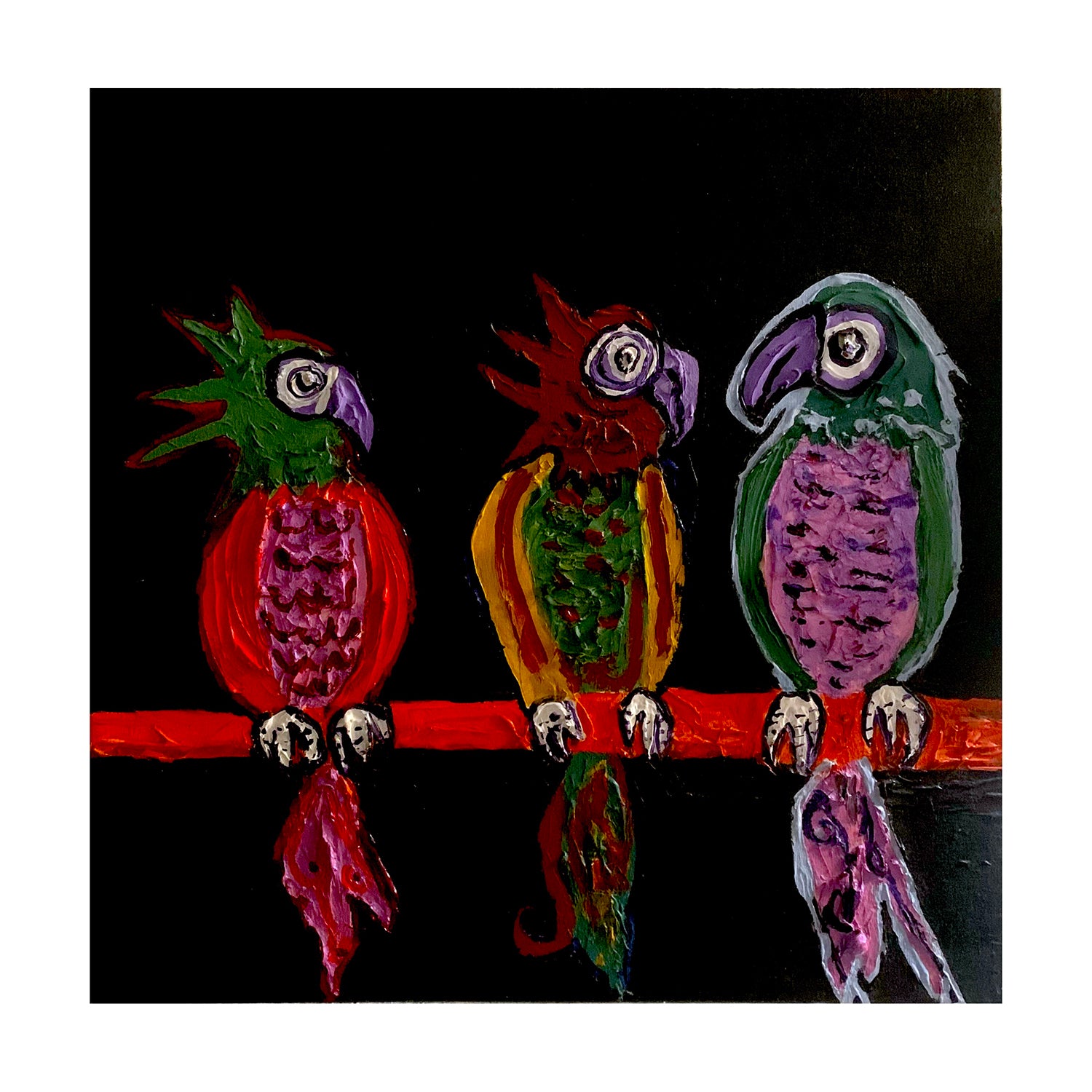 Original Acrylic Portrait Painting of a 3 Parrots, 20 x 20 inches, by Patty Pendleton