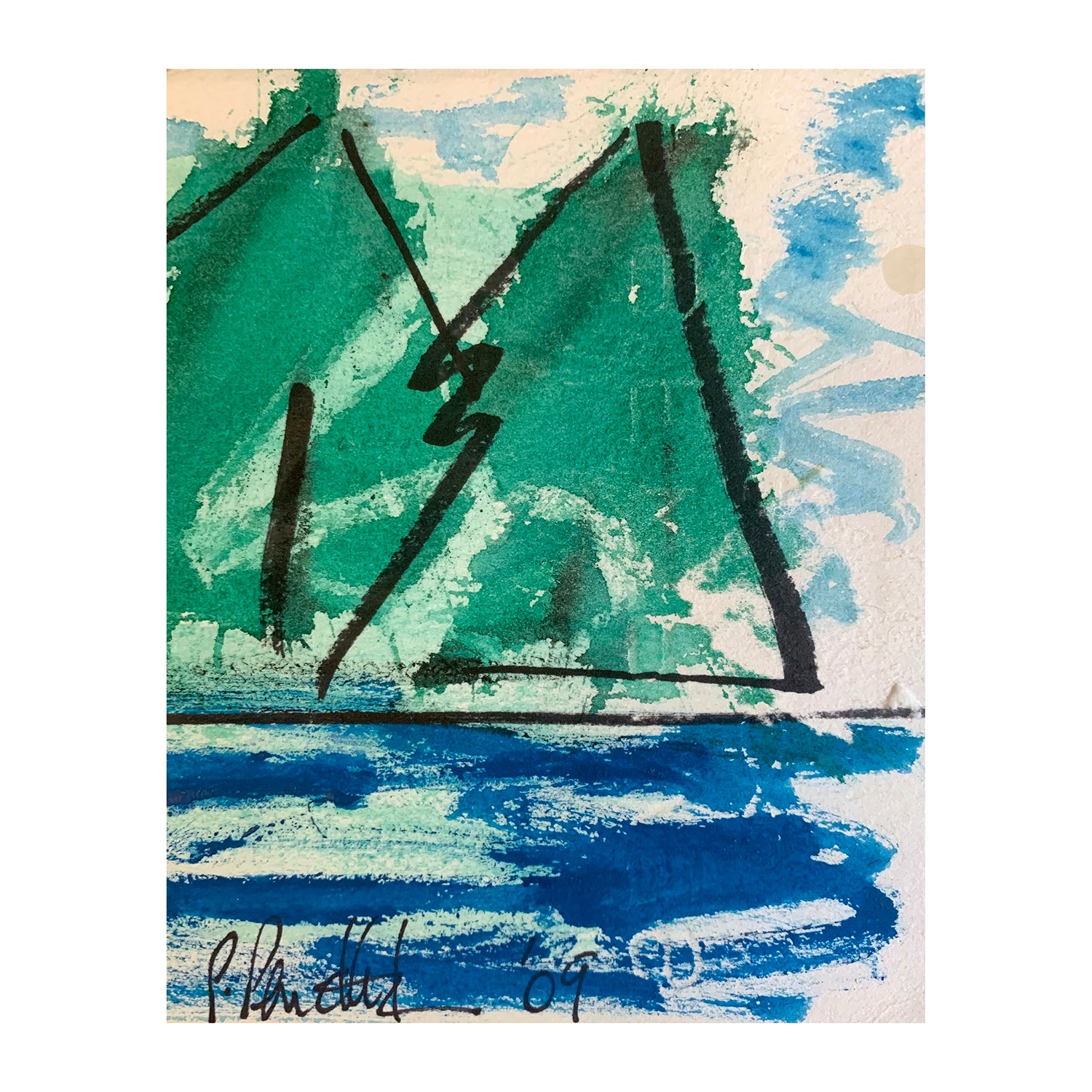 Original Mixed Media Painting of a Forested Water Landscape, 4.9 x 3.9 inches, by Patty Pendleton