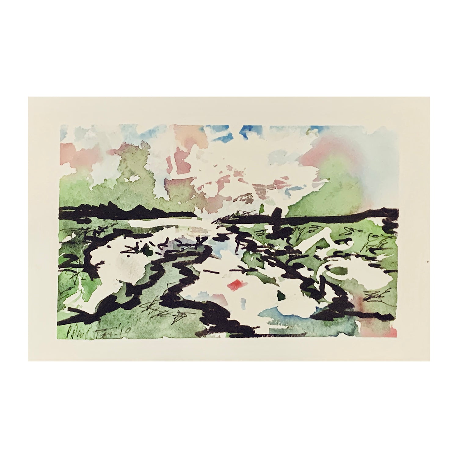 Original Mixed Media Painting of a Spring Thaw Landscape, 5.75 x 8.25 inches, by Patty Pendleton