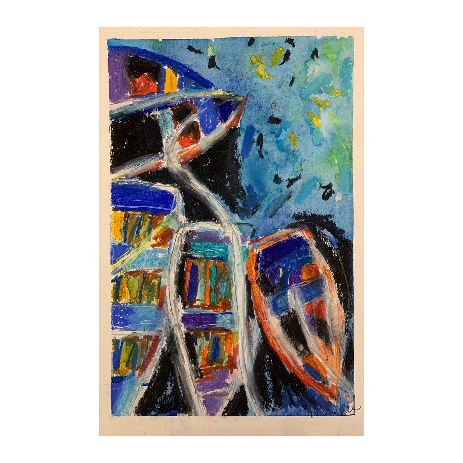 Original Oil Pastel Painting of Moored Boats, 10.75 x 7.1 inches, by Patty Pendleton