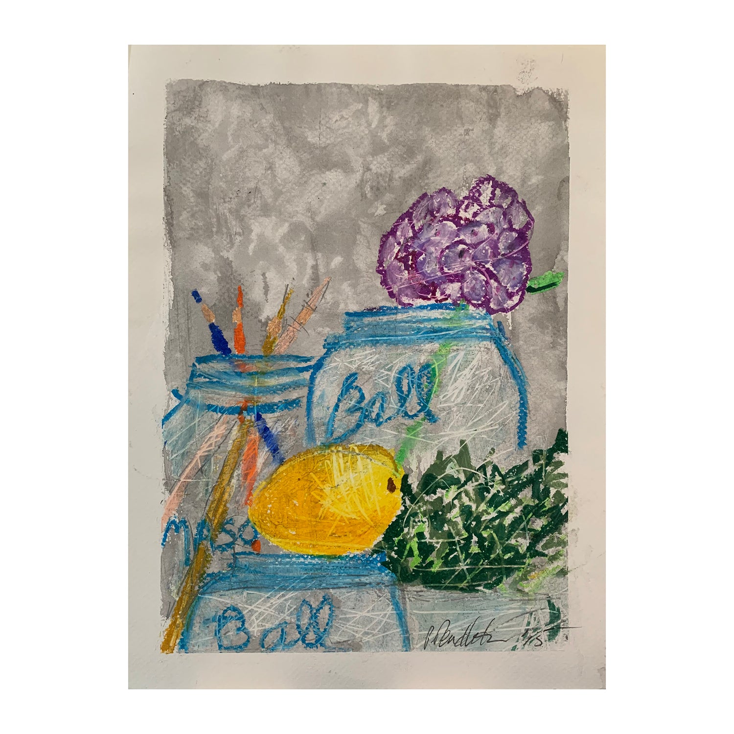 Original Mixed Media Painting of a Still Life with Ball Jars, 12 x 9 inches, by Patty Pendleton