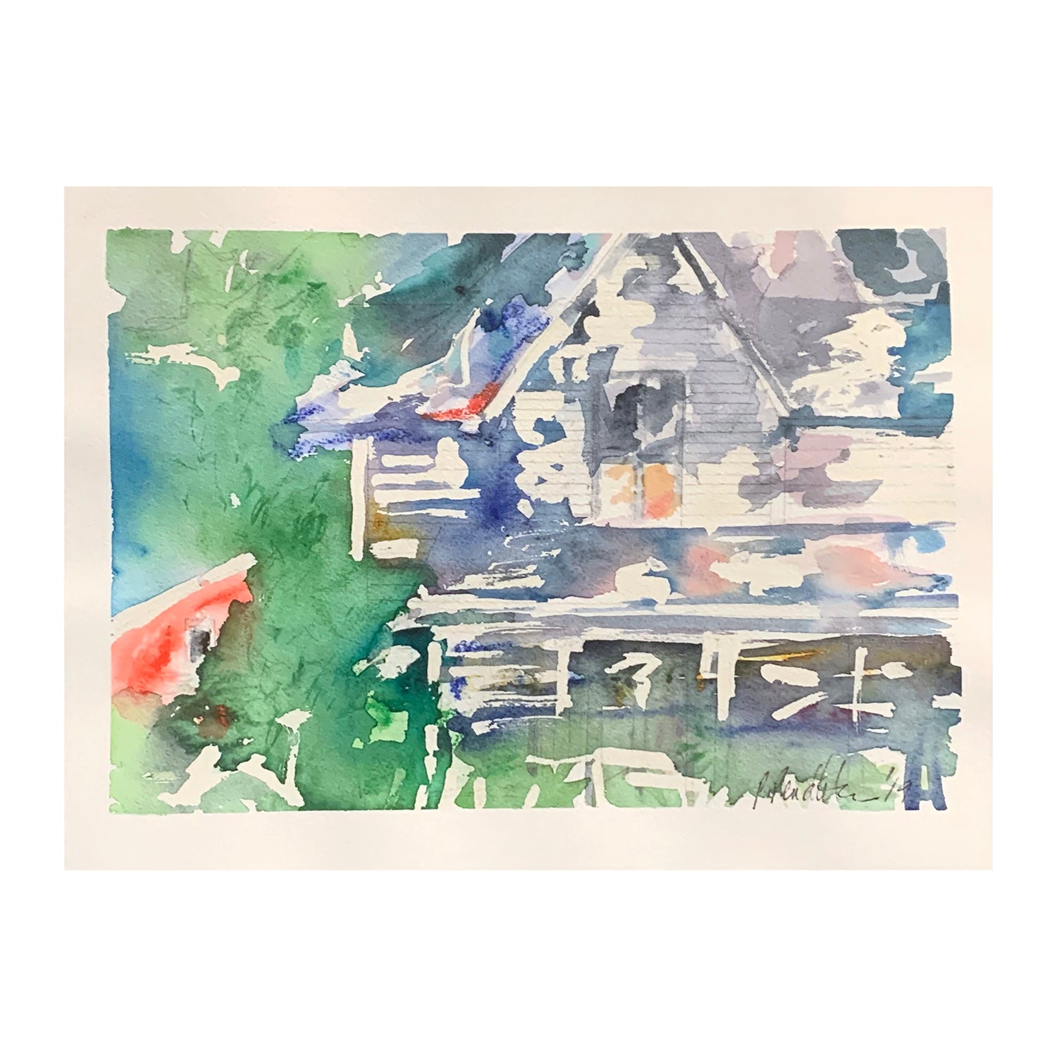 Original Mixed Media Painting of a Country House, 9 x 12.25 inches, by Patty Pendleton