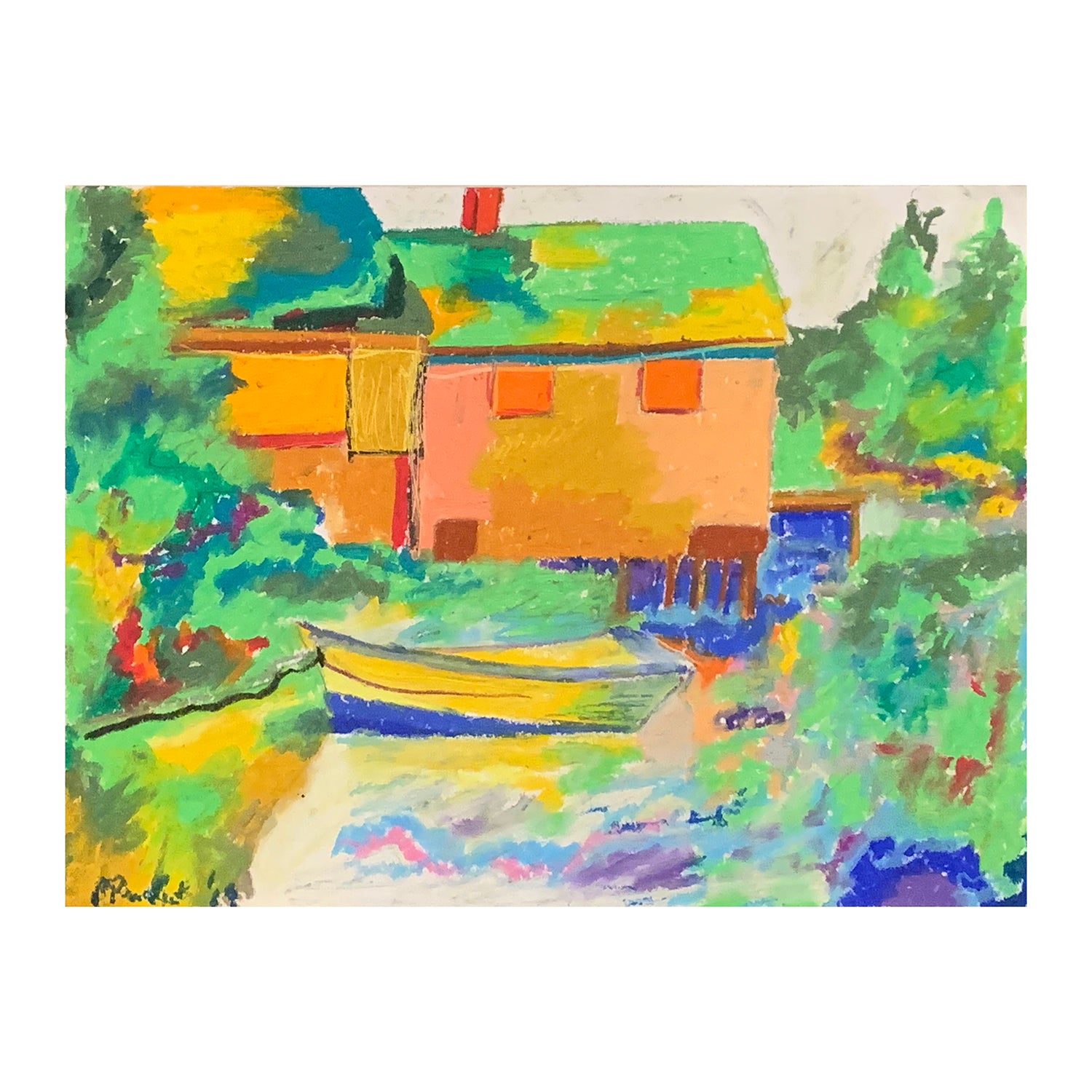 Original Oil Pastel Painting of a Country House Riverscape, 9 x 12 inches, by Patty Pendleton