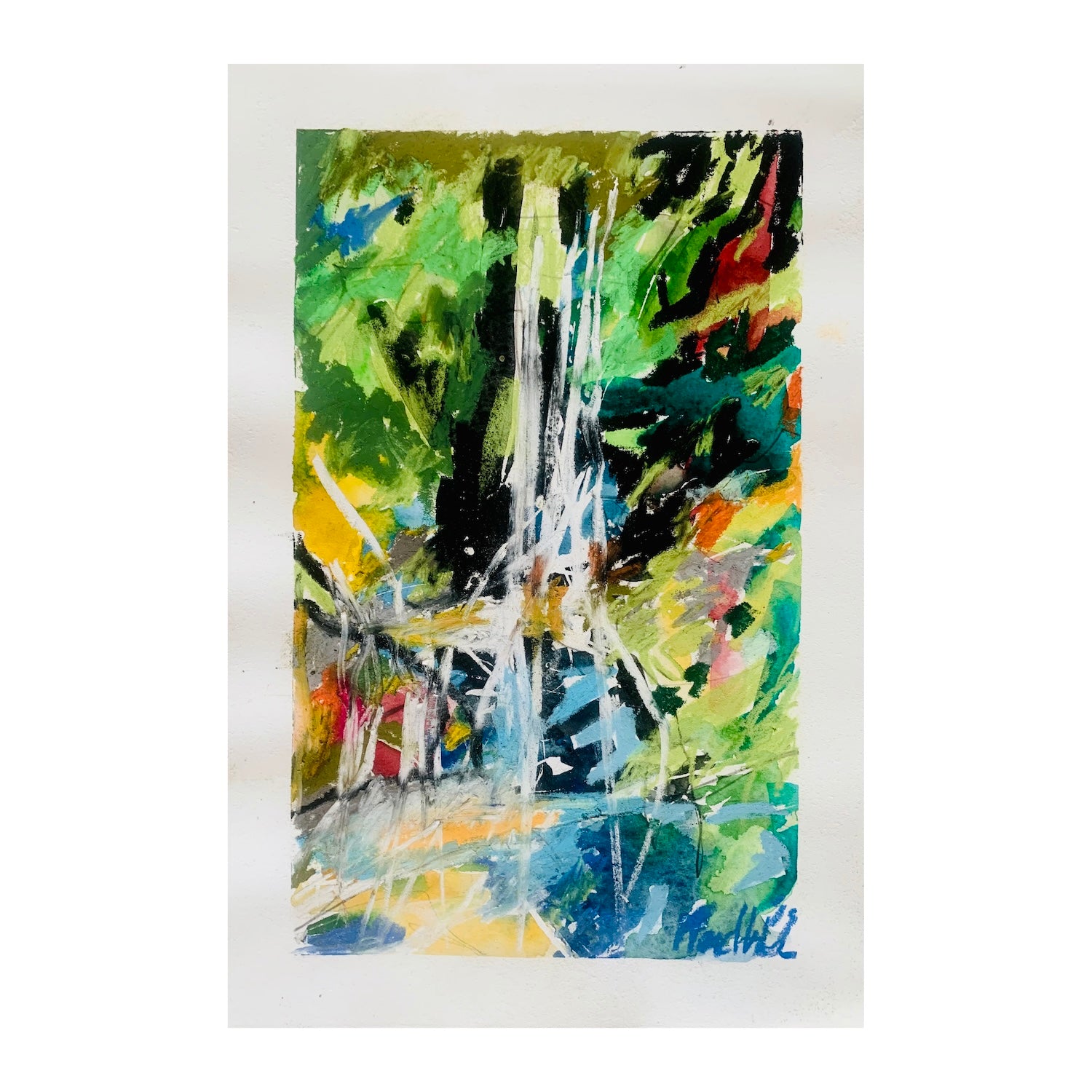 Original Mixed Media Painting of a Waterfall Landscape, 11.1 x 7.6 inches, by Patty Pendleton