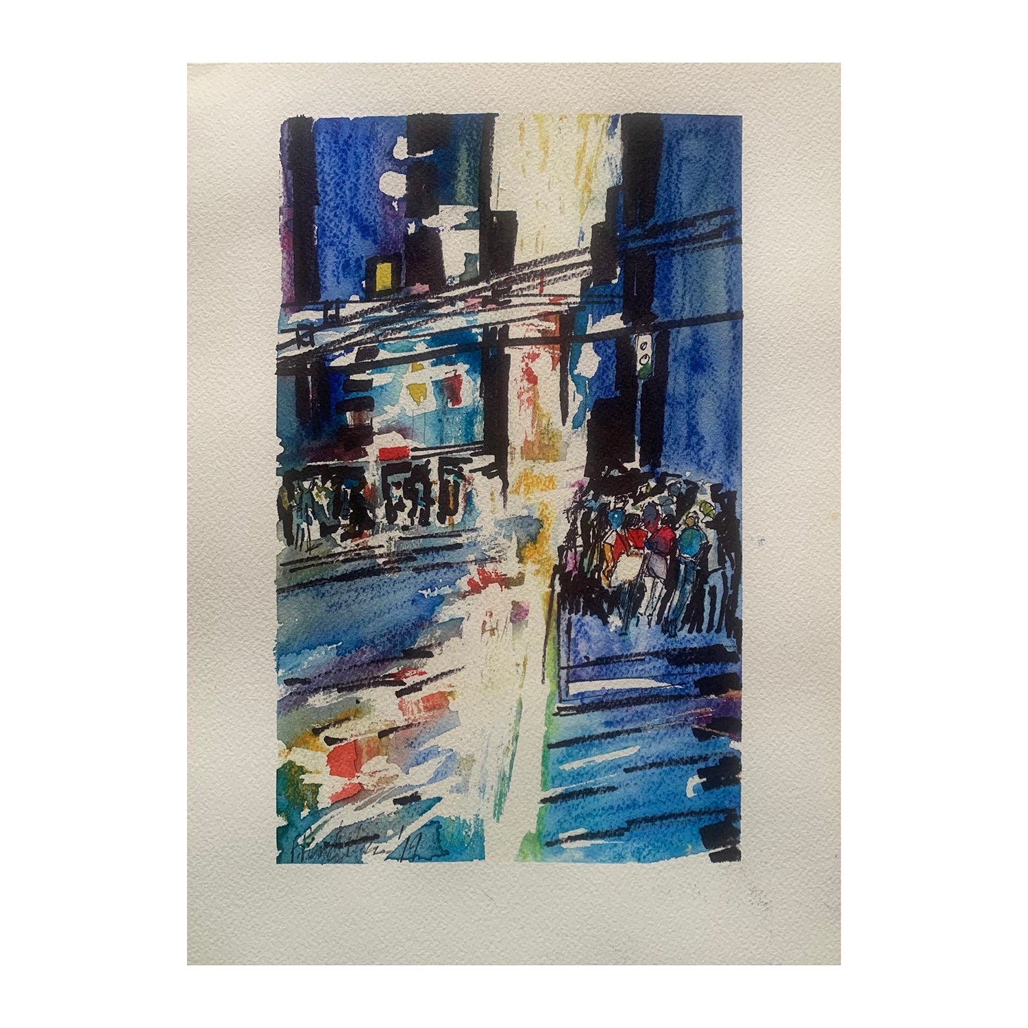 Original Mixed Media Painting of an Evening Cityscape, 12.25 x 9 inches, by Patty Pendleton