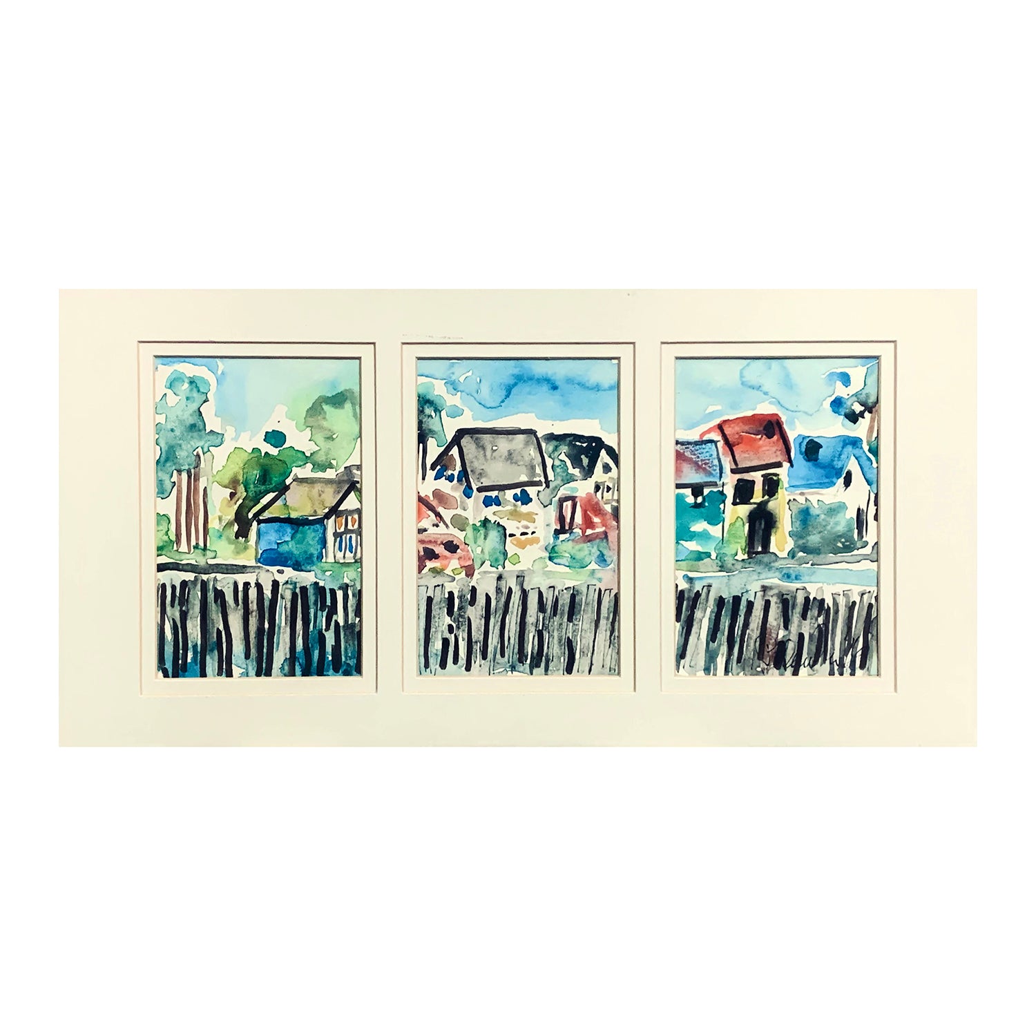 Original Mixed Media Triptych Painting of a Harbor Townscape, 6 x 13.5 inches, by Patty Pendleton
