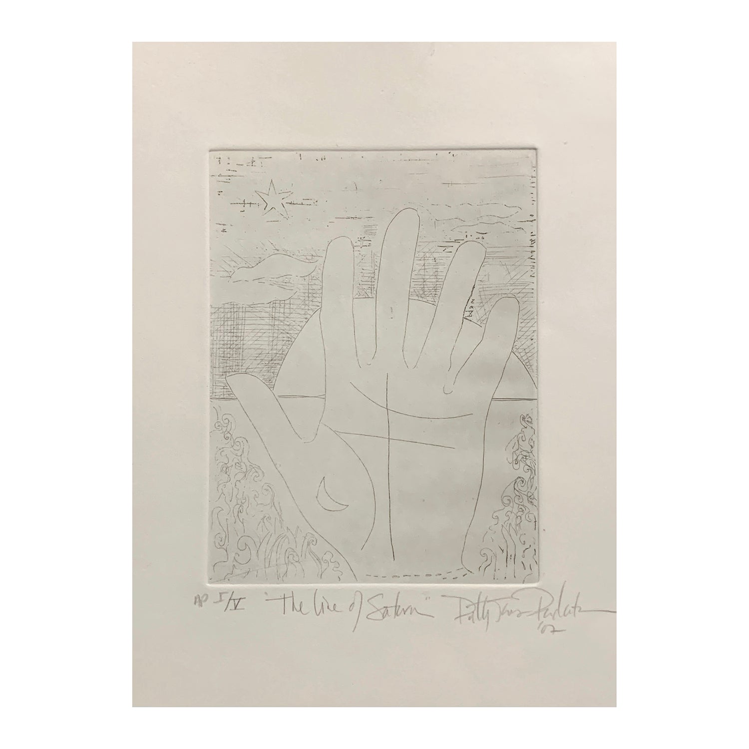 Original Etching of a Palmistry Landscape in Black and White, 13 x 10.9 inches, by Patty Pendleton