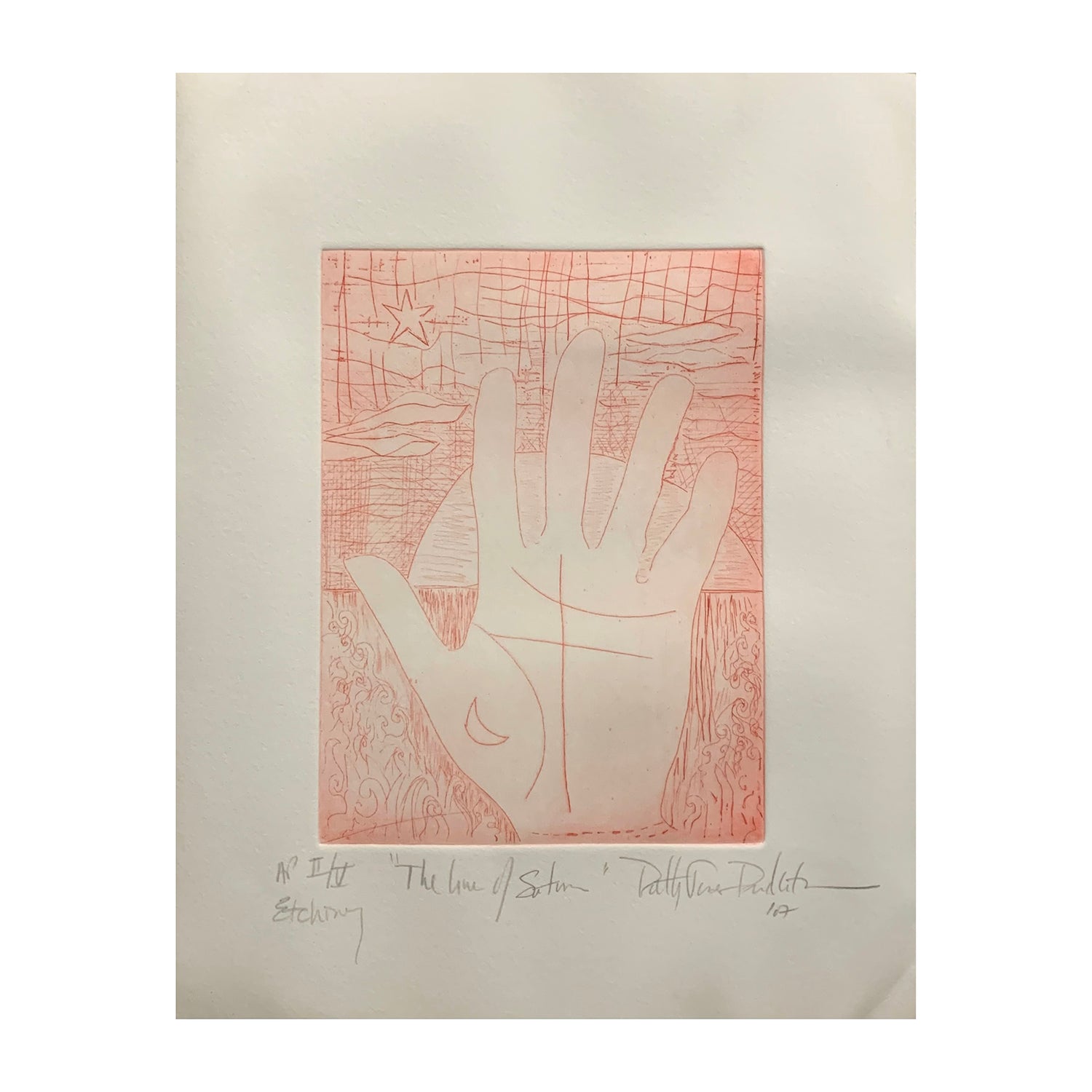 Original Etching Painting of a Palmistry Landscape in Red, 13 x 10 inches, by Patty Pendleton